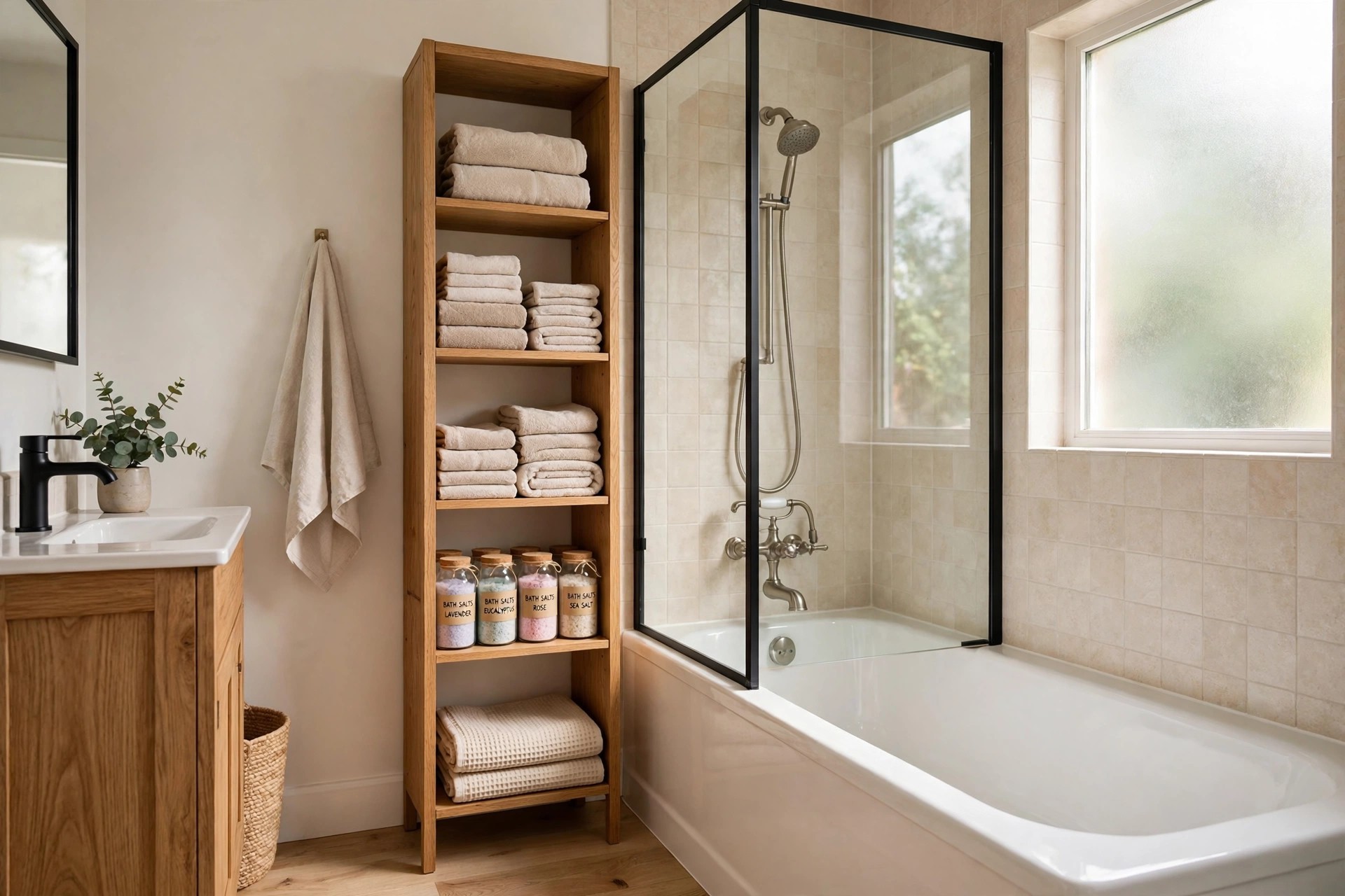 Oak tall narrow tower beside a white bathtub and glass shower screen, with folded towels and labeled bath salts jars on its shelves