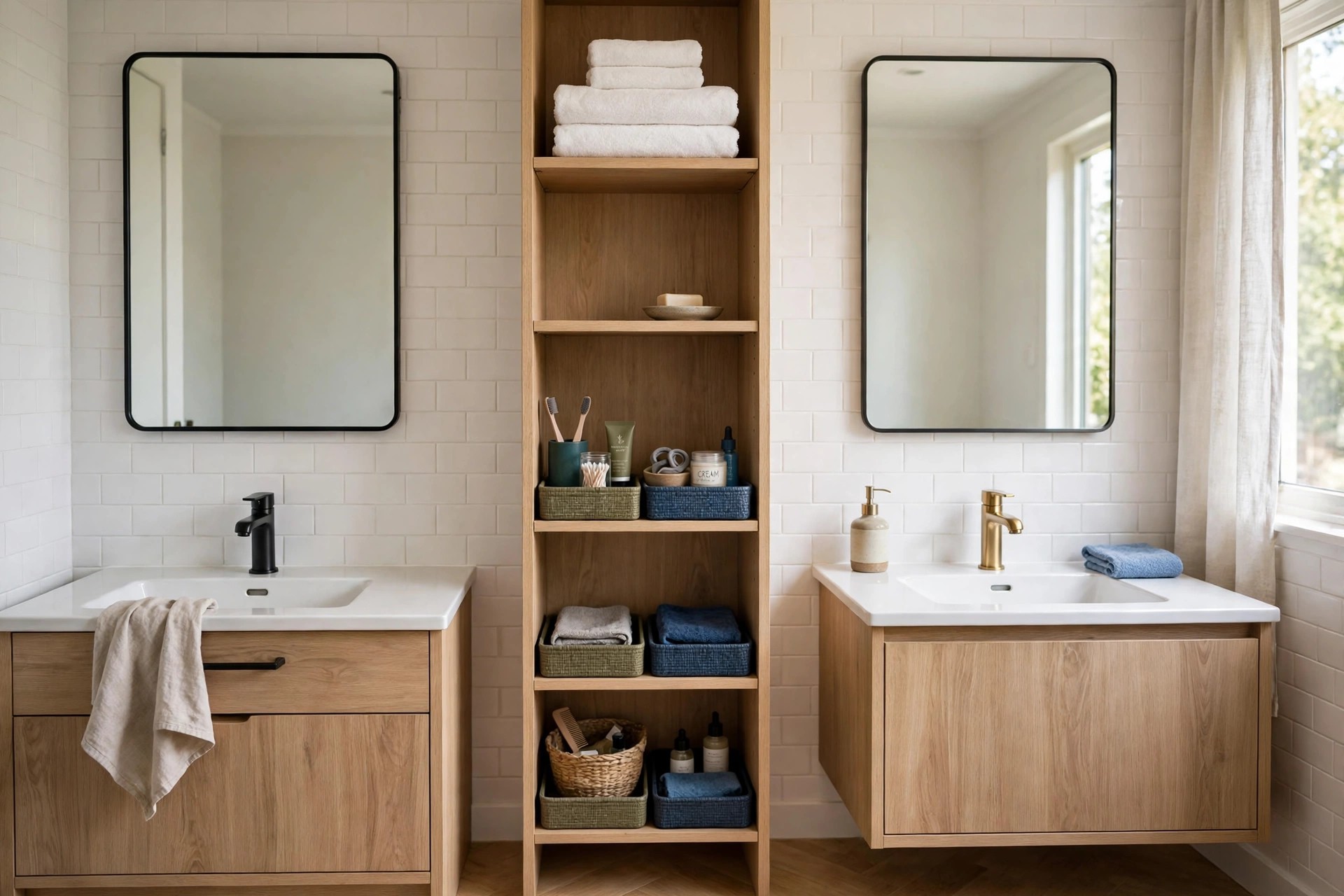 Wood tall narrow tower between two vanities and two mirrors, with green and blue trays splitting the shelves for two people