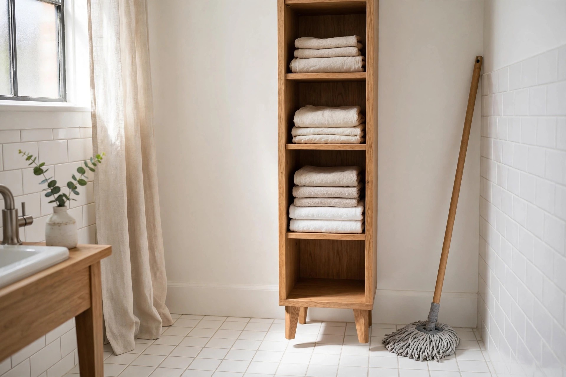 Oak tall narrow tower raised on short tapered feet with clean tile floor visible underneath and a mop leaning on the wall beside it