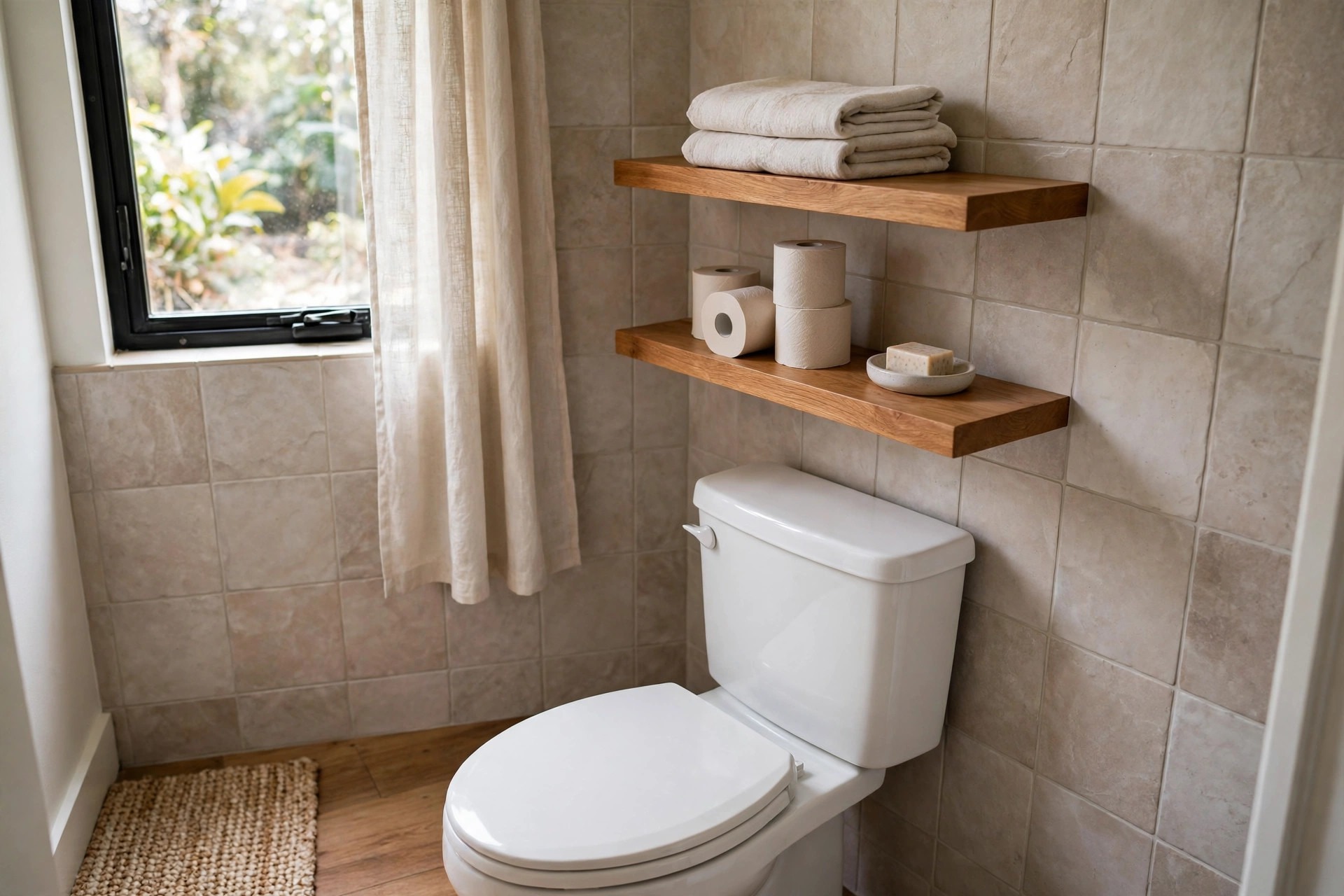 Two short wood floating shelves above a white toilet holding folded towels, spare toilet rolls and a soap dish