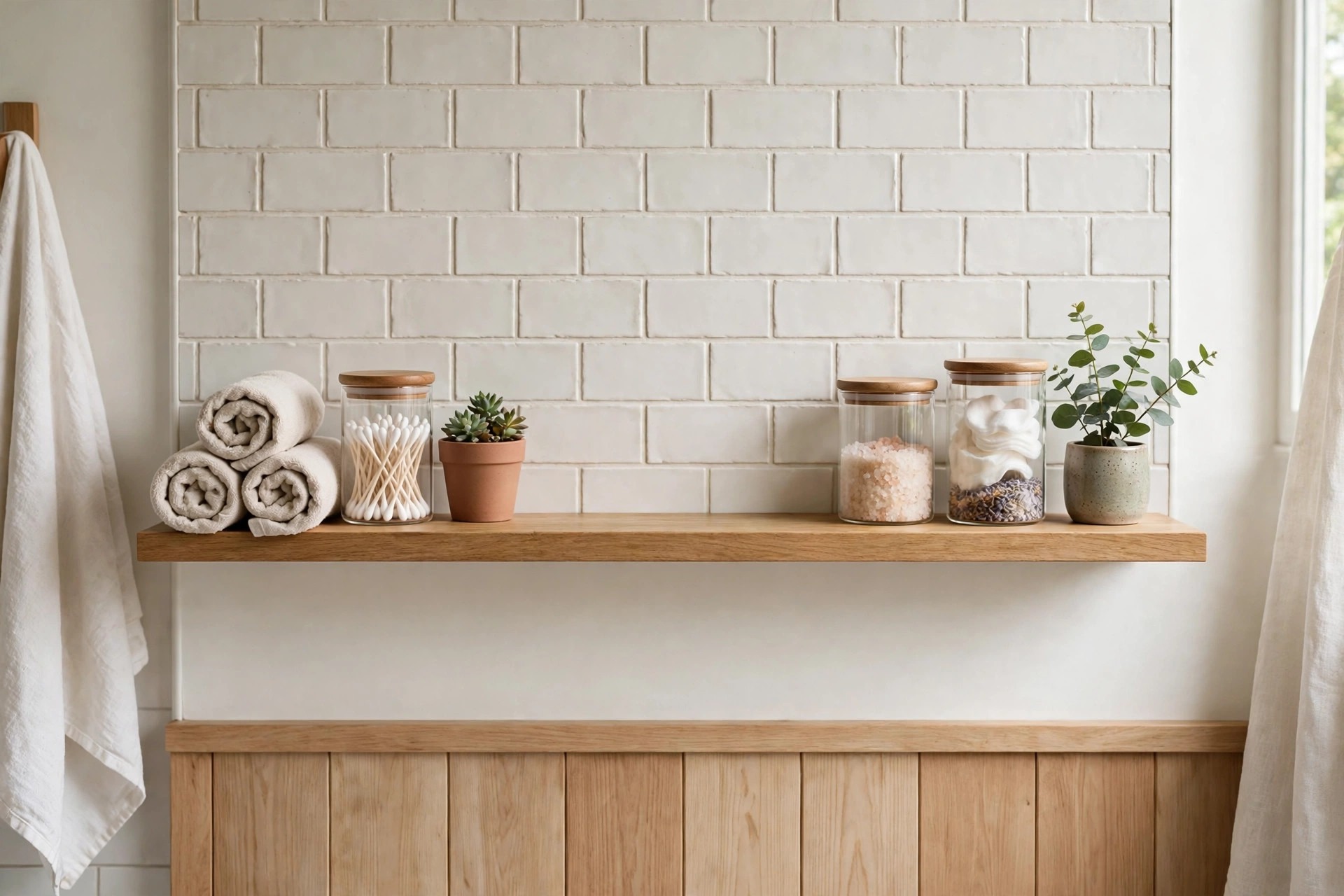 One long wood floating shelf on a white tile wall with rolled towels and jars in two groups and empty space between them