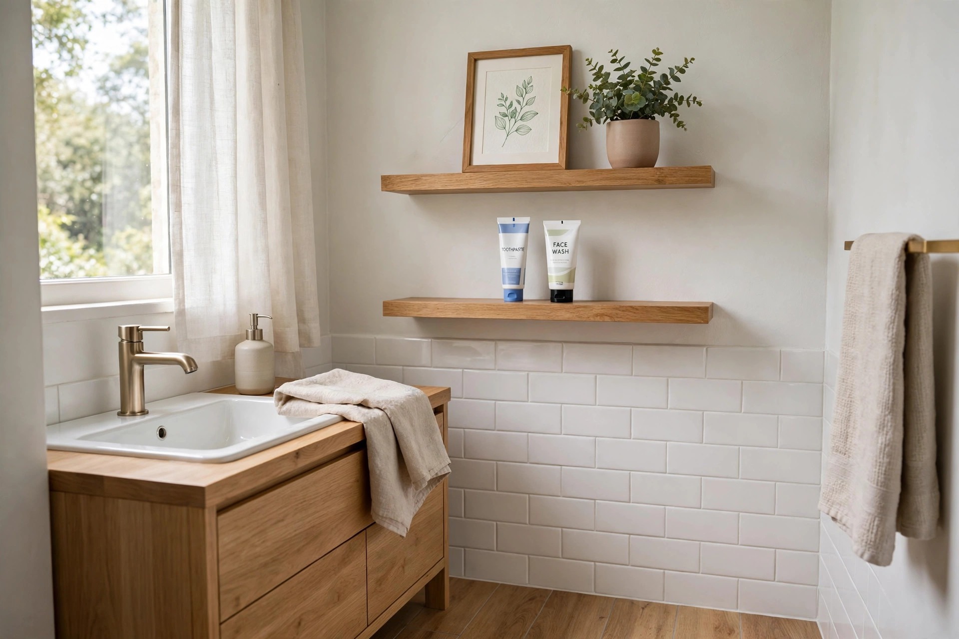 Two wood floating shelves beside a wood vanity with toothpaste and face wash on the lower shelf and a framed leaf print and plant on the upper shelf