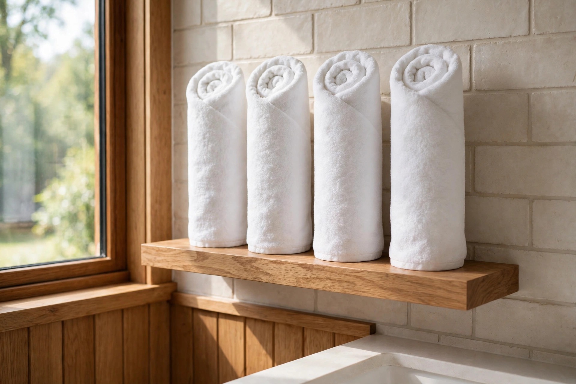 Four white towels rolled tight and standing in a row on a wood floating shelf beside a bright window