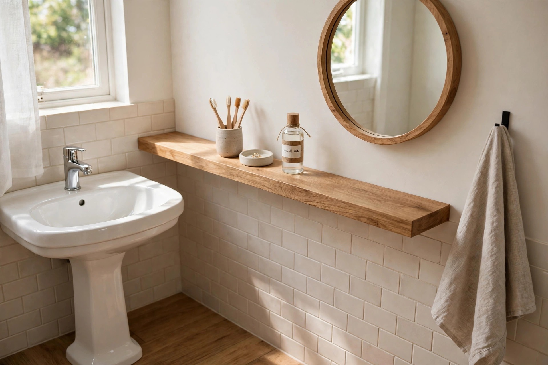 White pedestal sink with one long wood floating shelf beside a round mirror holding a toothbrush cup, a ring dish and a bottle