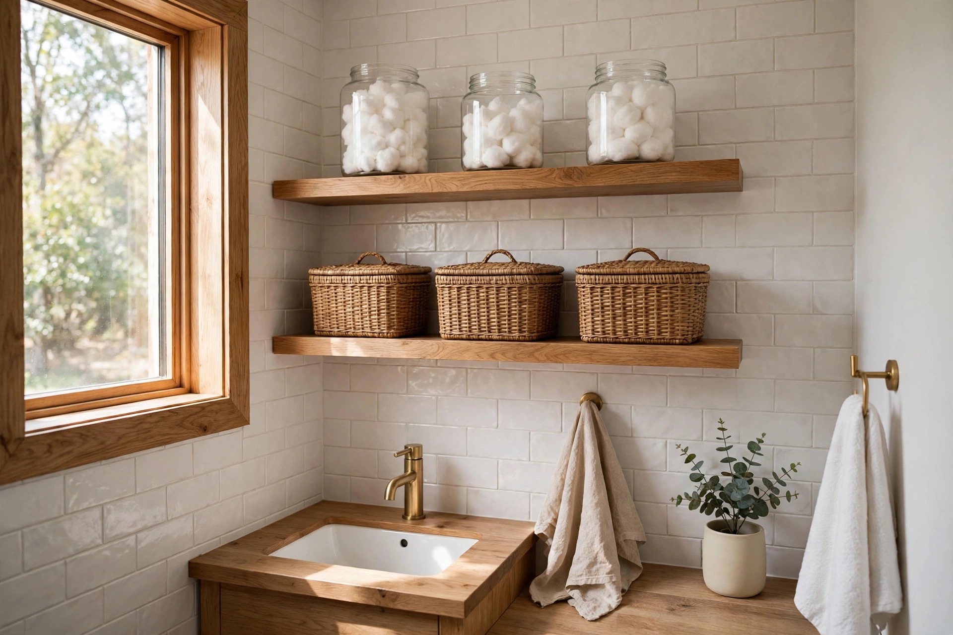Two wood floating shelves above a sink with open glass jars of cotton balls on the upper shelf and lidded woven baskets on the lower shelf