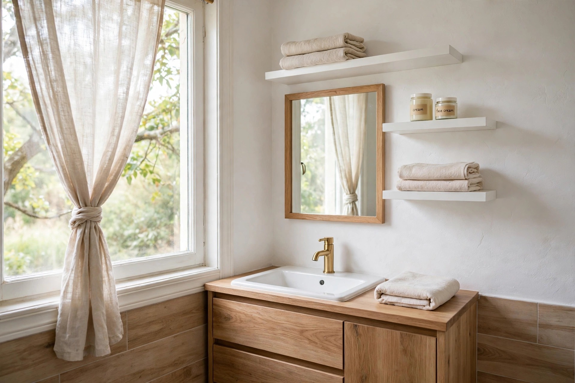 White floating shelves on a white wall above a wood vanity and mirror holding folded beige towels and cream jars