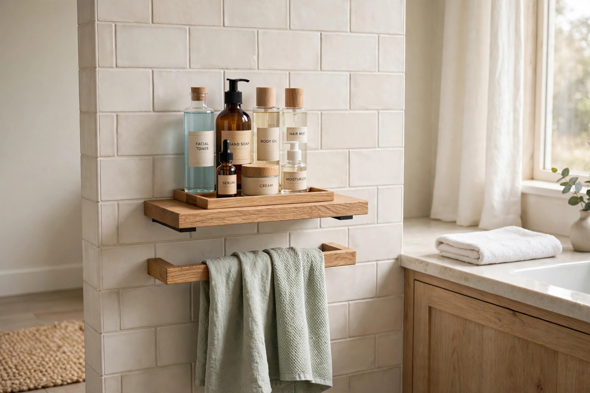 Wood floating shelf on a tile wall with daily bottles and small jars grouped on one small wood tray