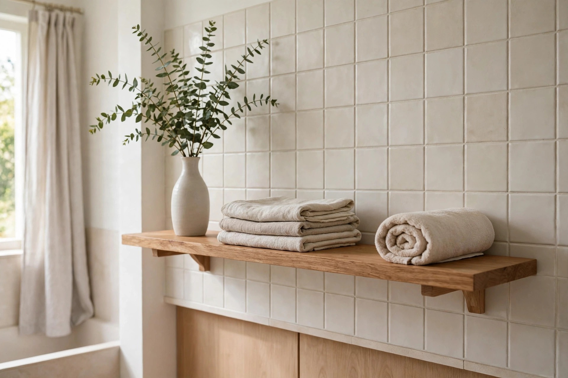 Wood floating shelf with a tall white vase with green stems, a low stack of folded beige cloths and one rolled towel