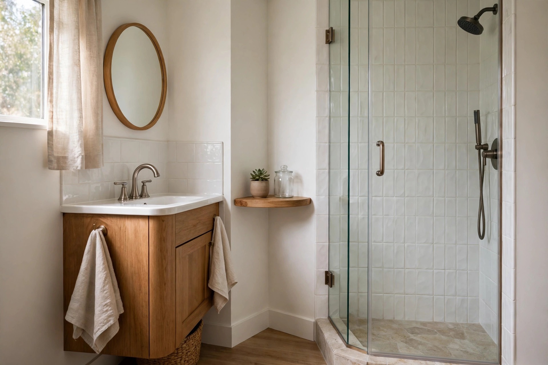 Small bathroom with a short rounded wood corner shelf beside a glass shower holding a small plant and a glass jar