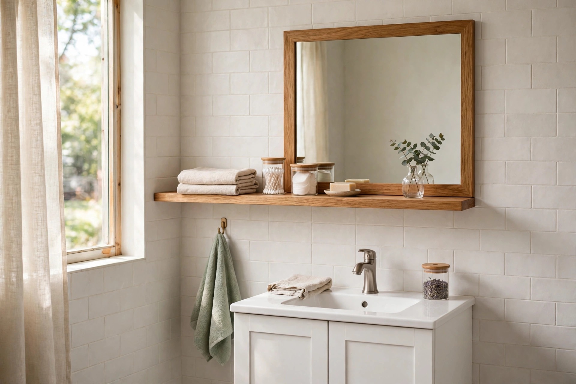 Wood floating shelf running under a large wood framed mirror above a white vanity, holding folded towels, jars and a soap dish