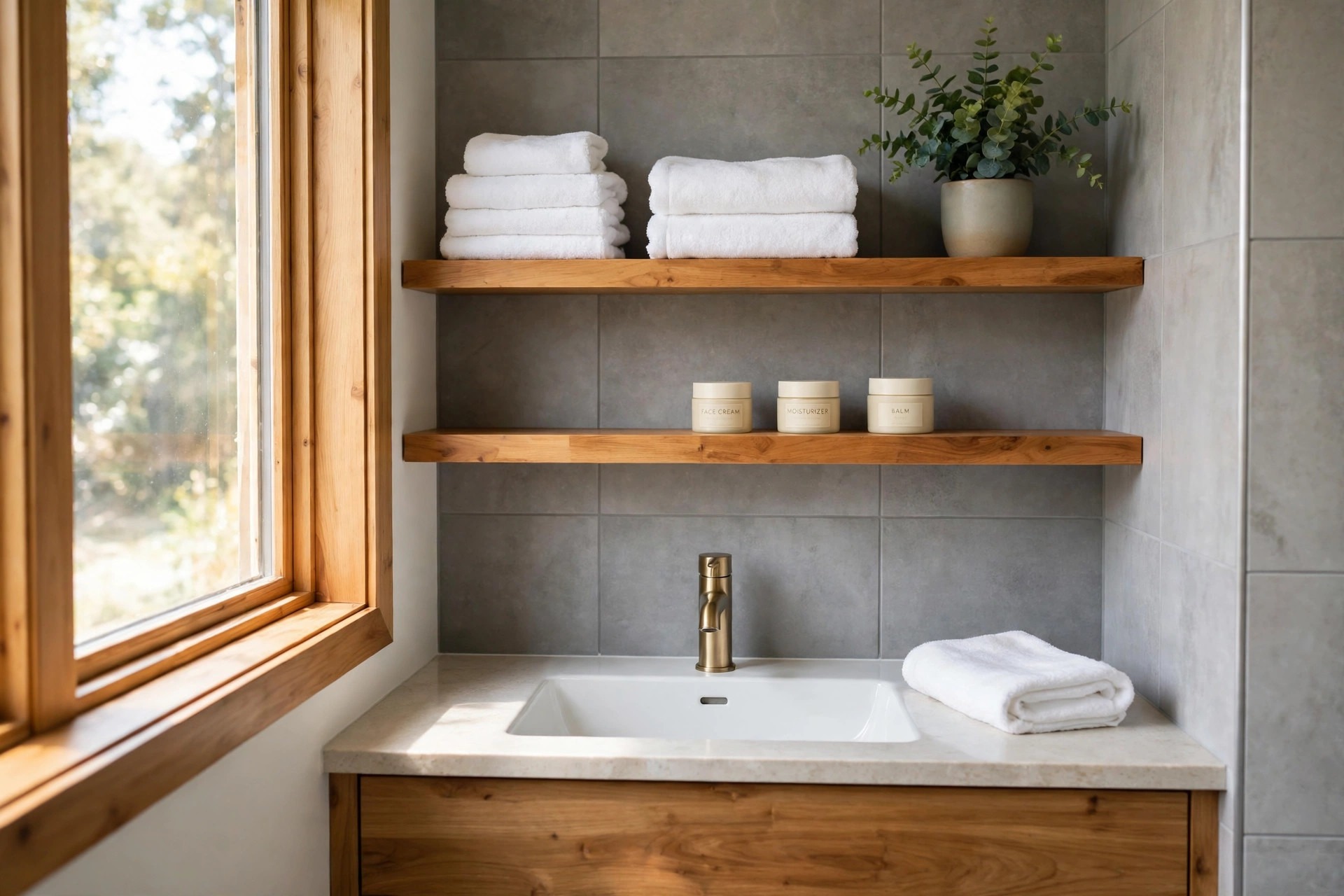 Two warm wood floating shelves against cool grey tile above a sink holding white towels, cream jars and a green plant