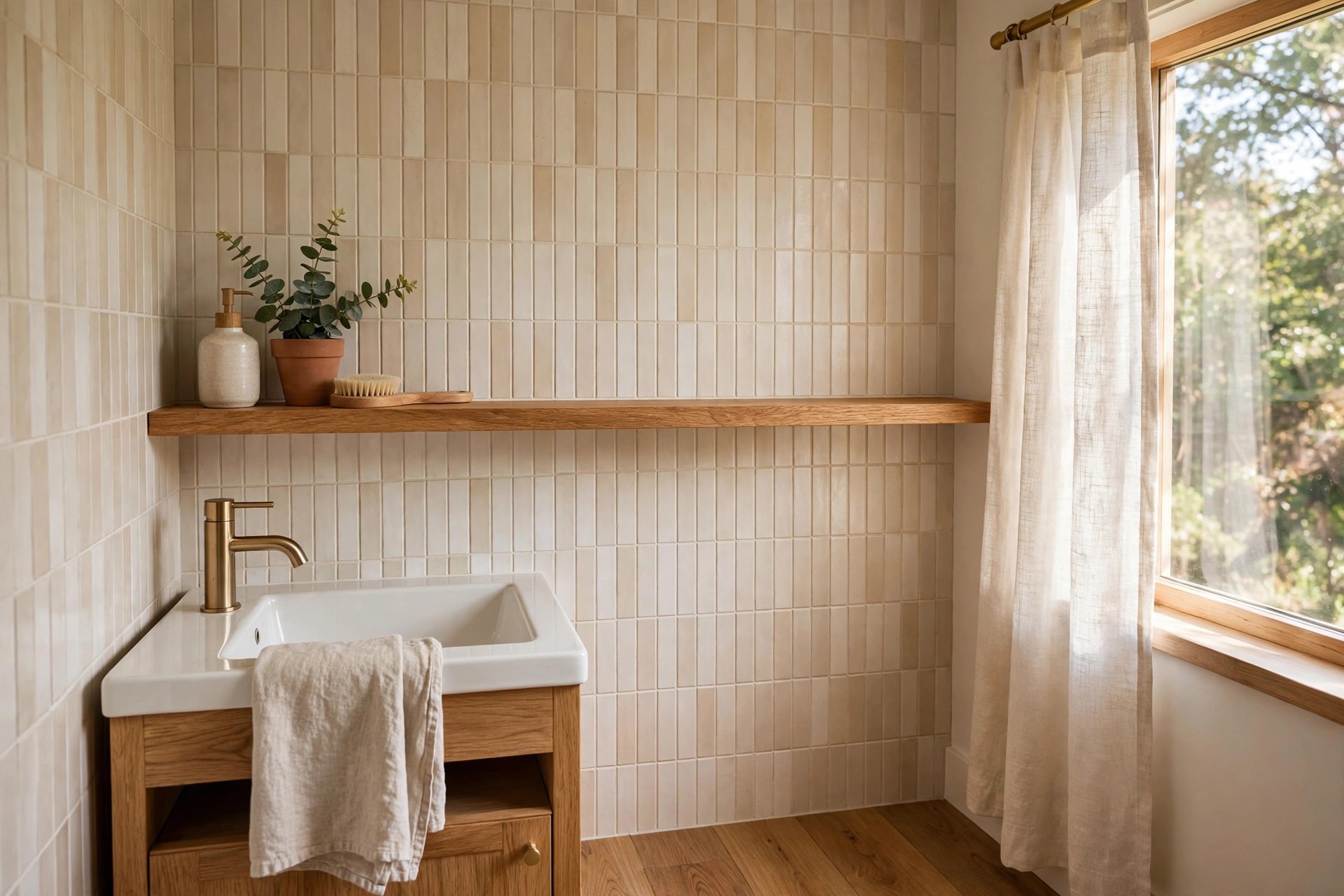 Long wood floating shelf above a sink with a soap bottle, a potted plant and a brush grouped at one end and the rest of the shelf empty