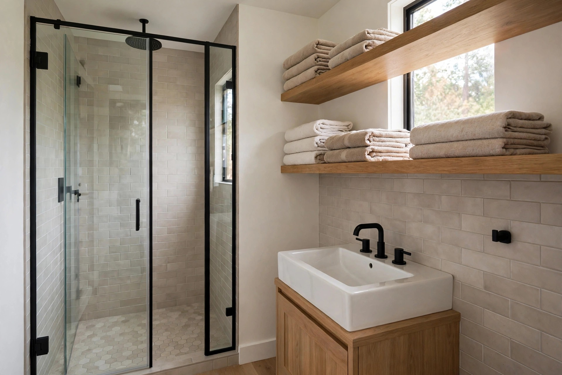 Bathroom with two high wood floating shelves holding folded towels above a sink and clear of the glass shower beside it