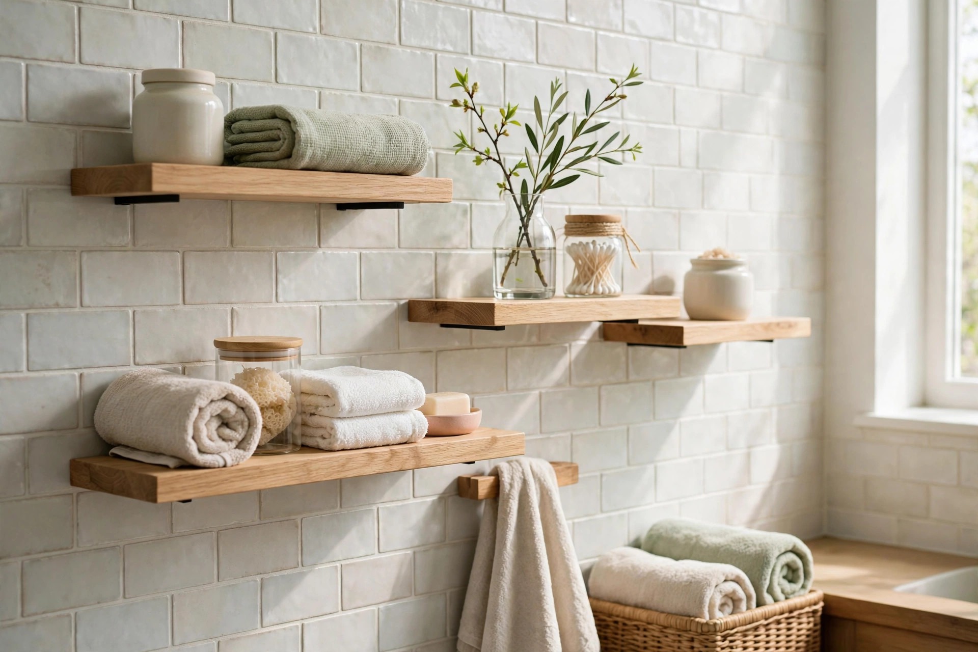 Staggered wood floating shelves on a white tile wall with towels and jars and a fresh green stem in a glass vase