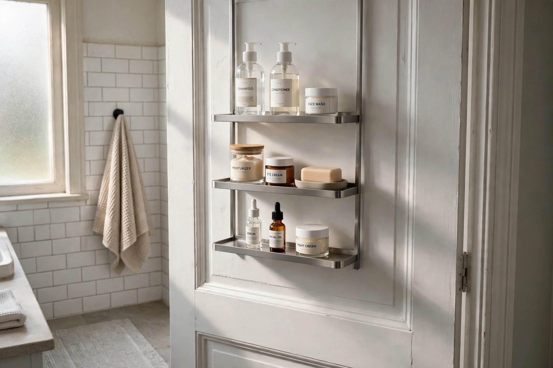 Three slim metal shelves on the back of a white bathroom door holding shampoo, conditioner, jars and soap above a tiled bathroom floor
