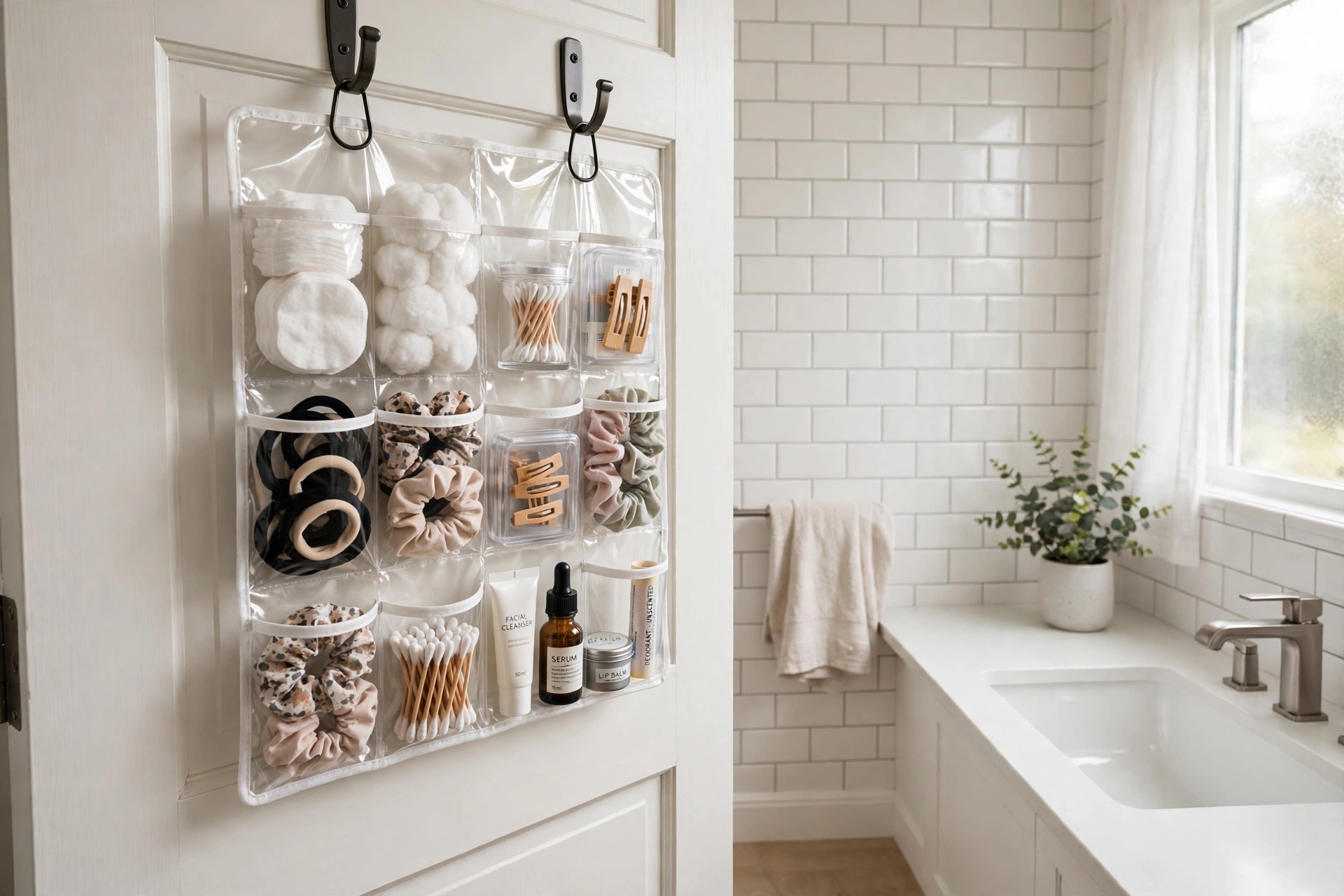 Clear pocket organizer hanging from hooks on the back of a bathroom door holding cotton pads, hair ties, clips and small toiletries beside a white sink