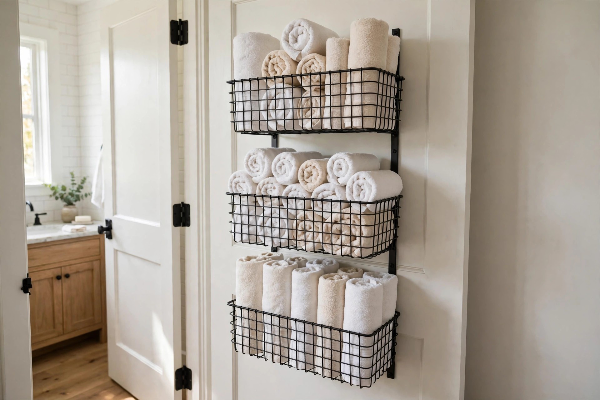 Three black wire baskets mounted in a column on the back of a bathroom door holding rolled white and cream towels