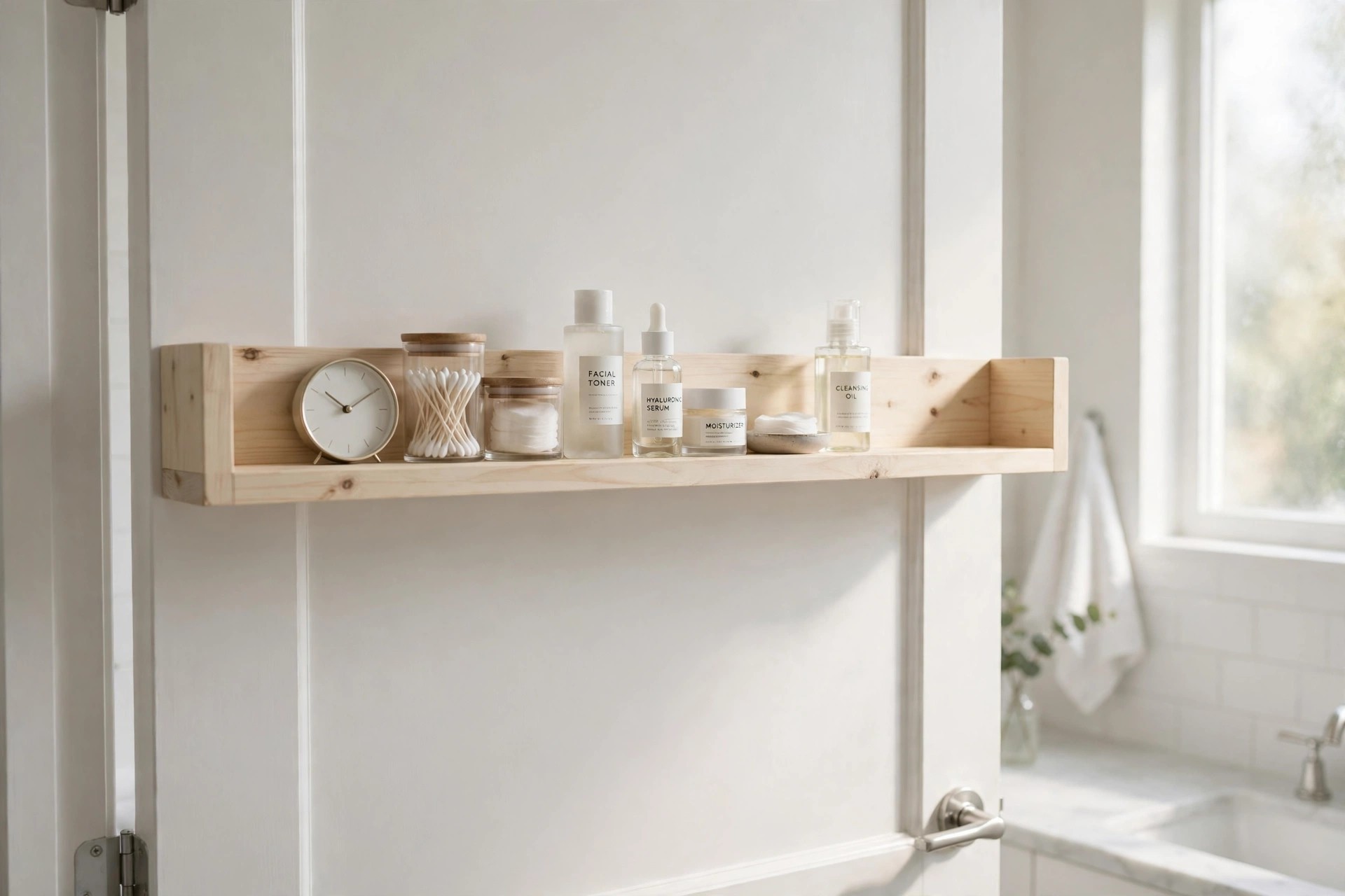 Single pale wood shelf on the back of a white bathroom door holding a small clock, glass jars, cotton swabs and skin care bottles