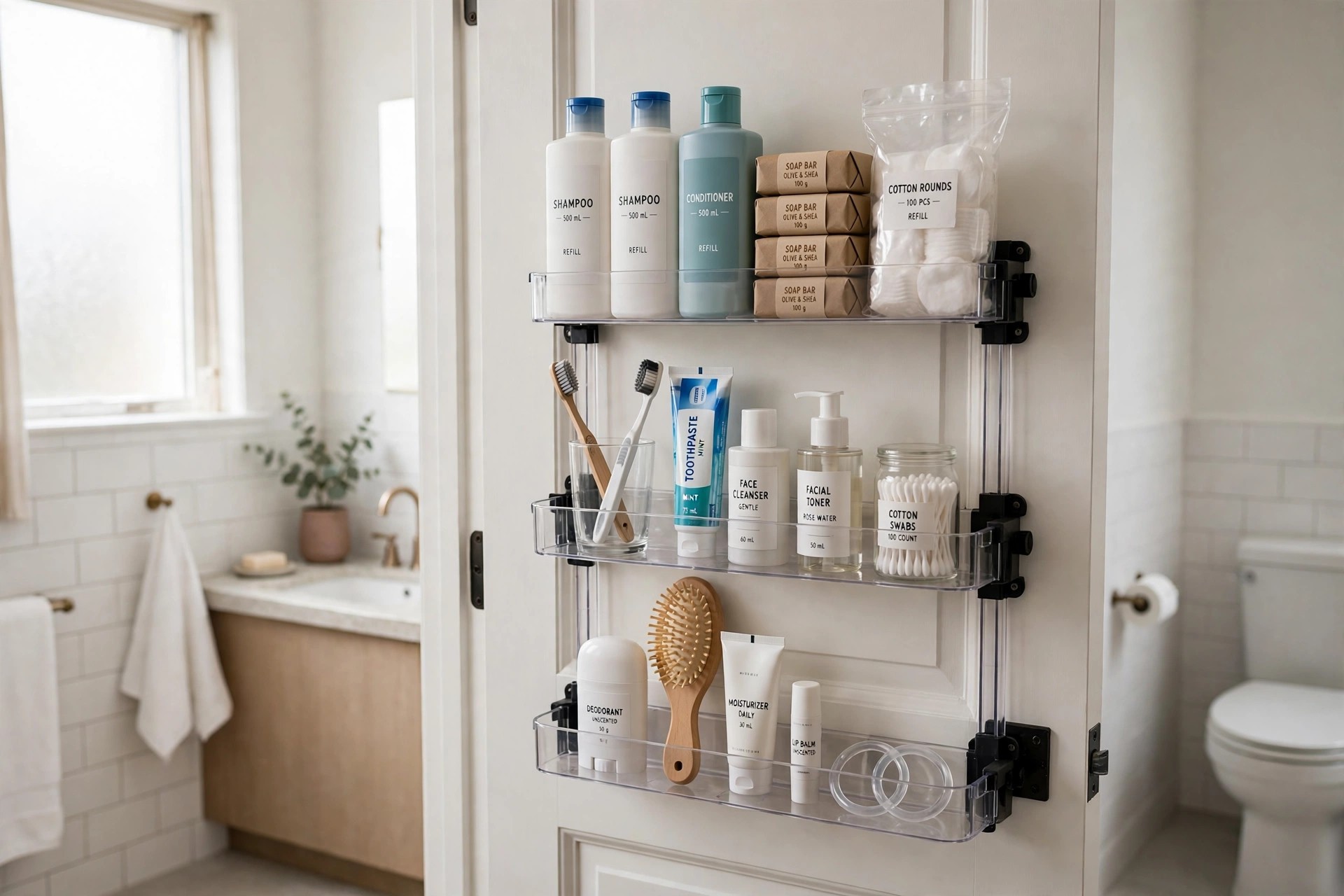 Clear shelves on the back of a bathroom door with refill shampoo, conditioner, soap bars and cotton rounds on the top shelf and daily items below
