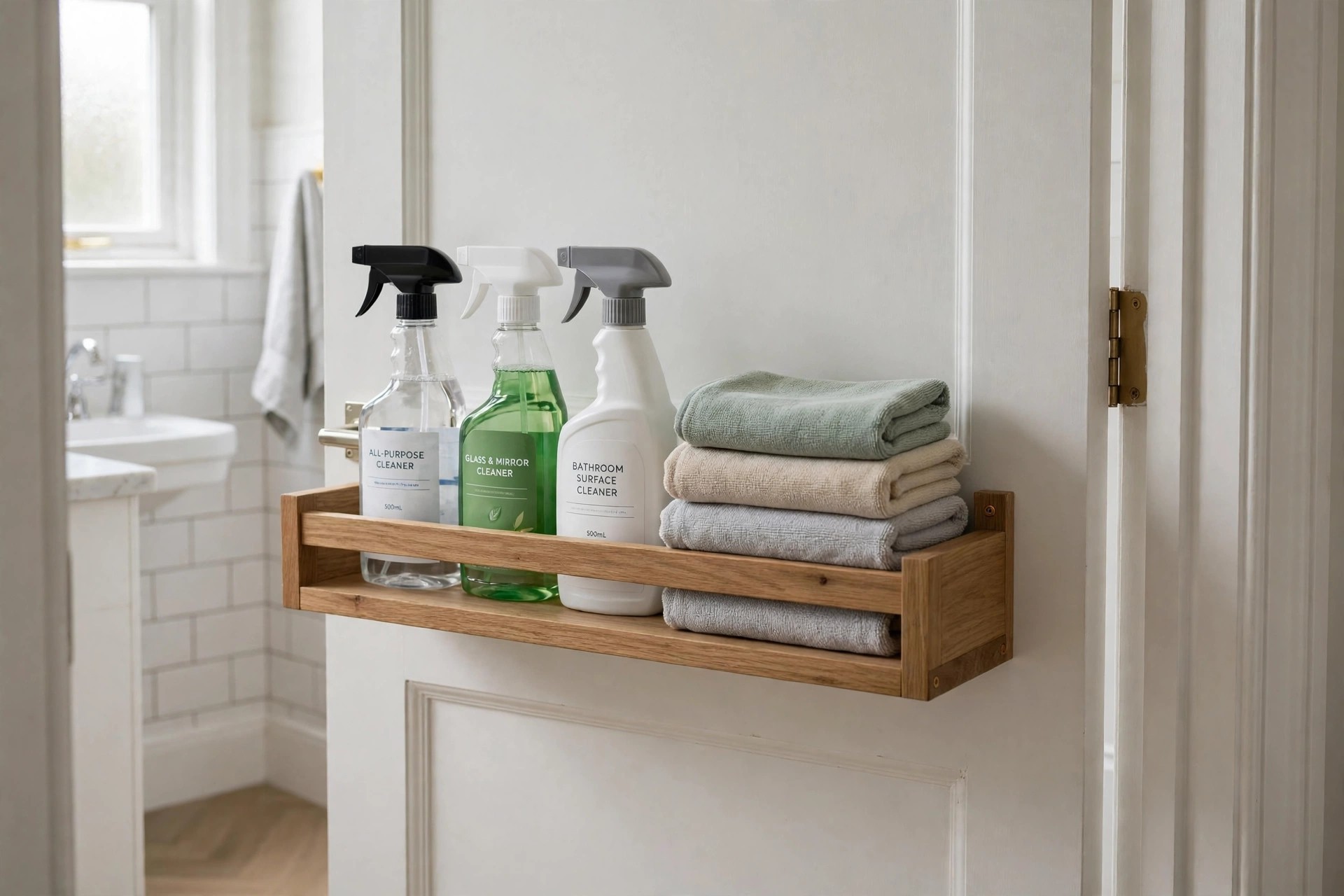 Wood shelf with a front rail on the back of a bathroom door holding three cleaning spray bottles and folded cloths