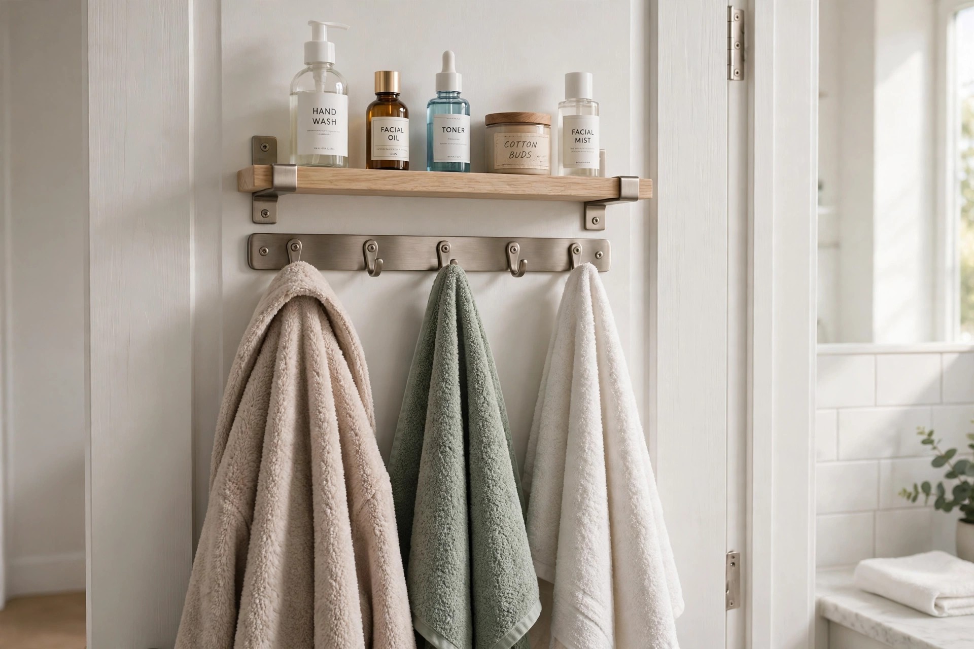 Wood shelf with skin care bottles above a metal hook rail holding three towels on the back of a bathroom door
