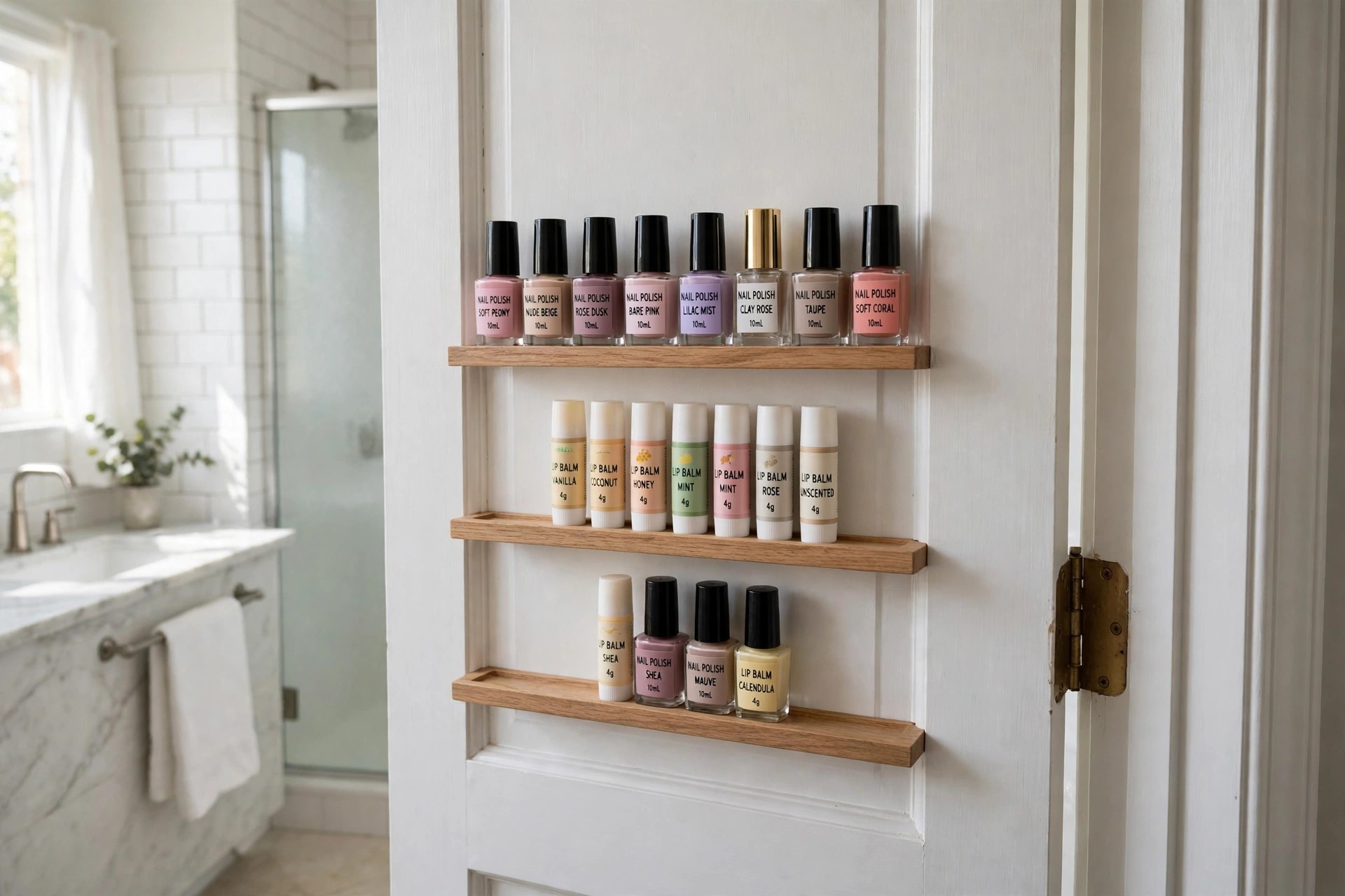 Three narrow wood shelves on the back of a bathroom door holding nail polish bottles and lip balms in single file