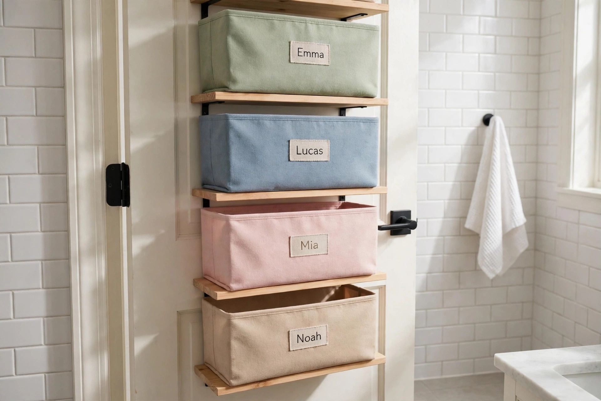 Four labeled fabric bins in green, blue, pink and beige on wood shelves on the back of a bathroom door