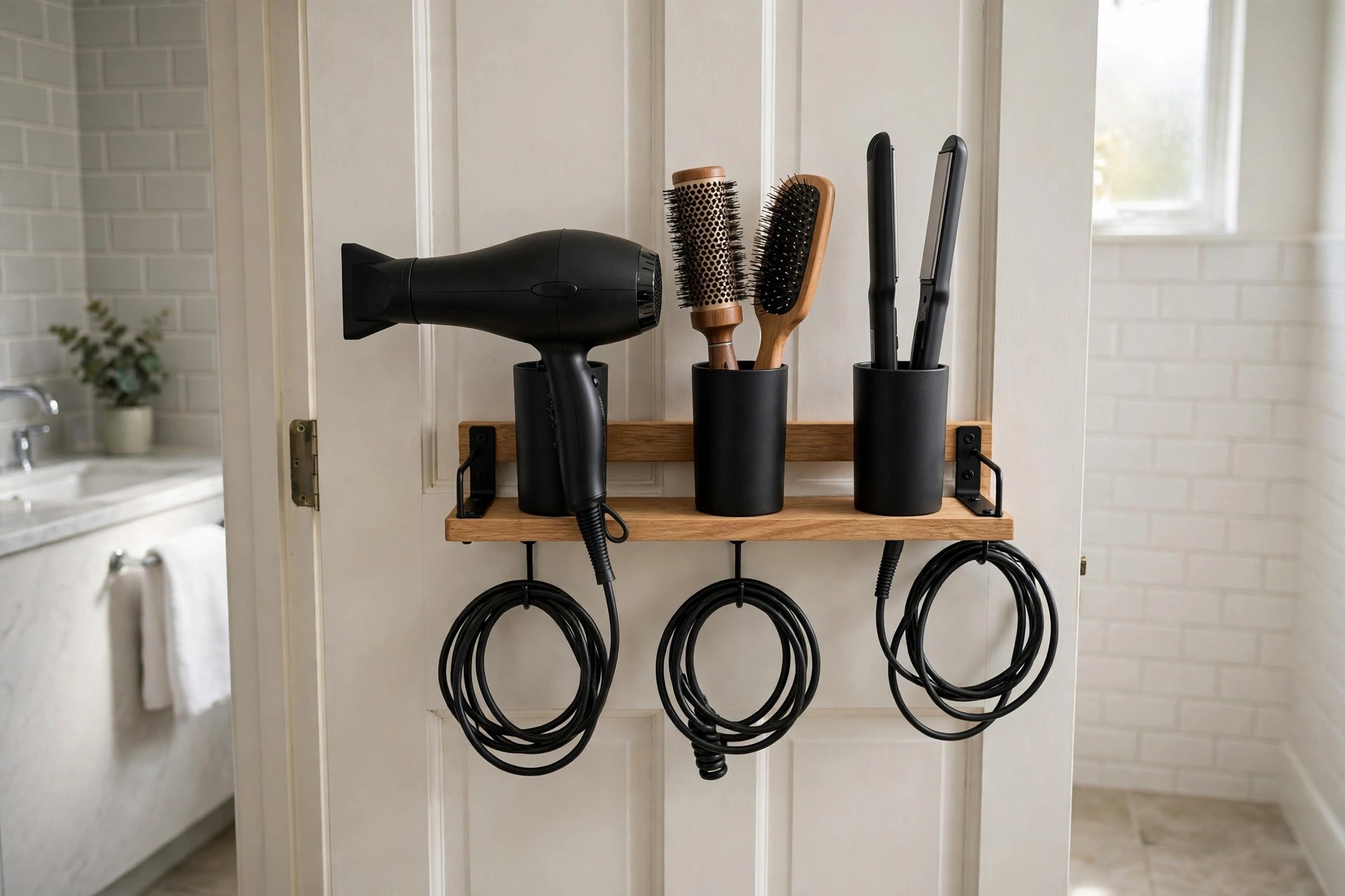 Wood shelf on the back of a bathroom door with black holders for a hair dryer, brushes and straighteners and cords looped on hooks below