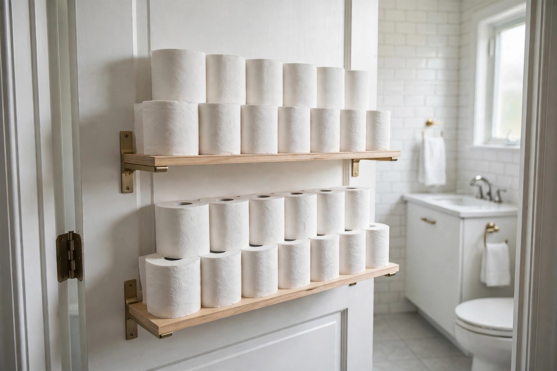 Two flat wood shelves on the back of a bathroom door stacked with white toilet paper rolls beside a white vanity and toilet