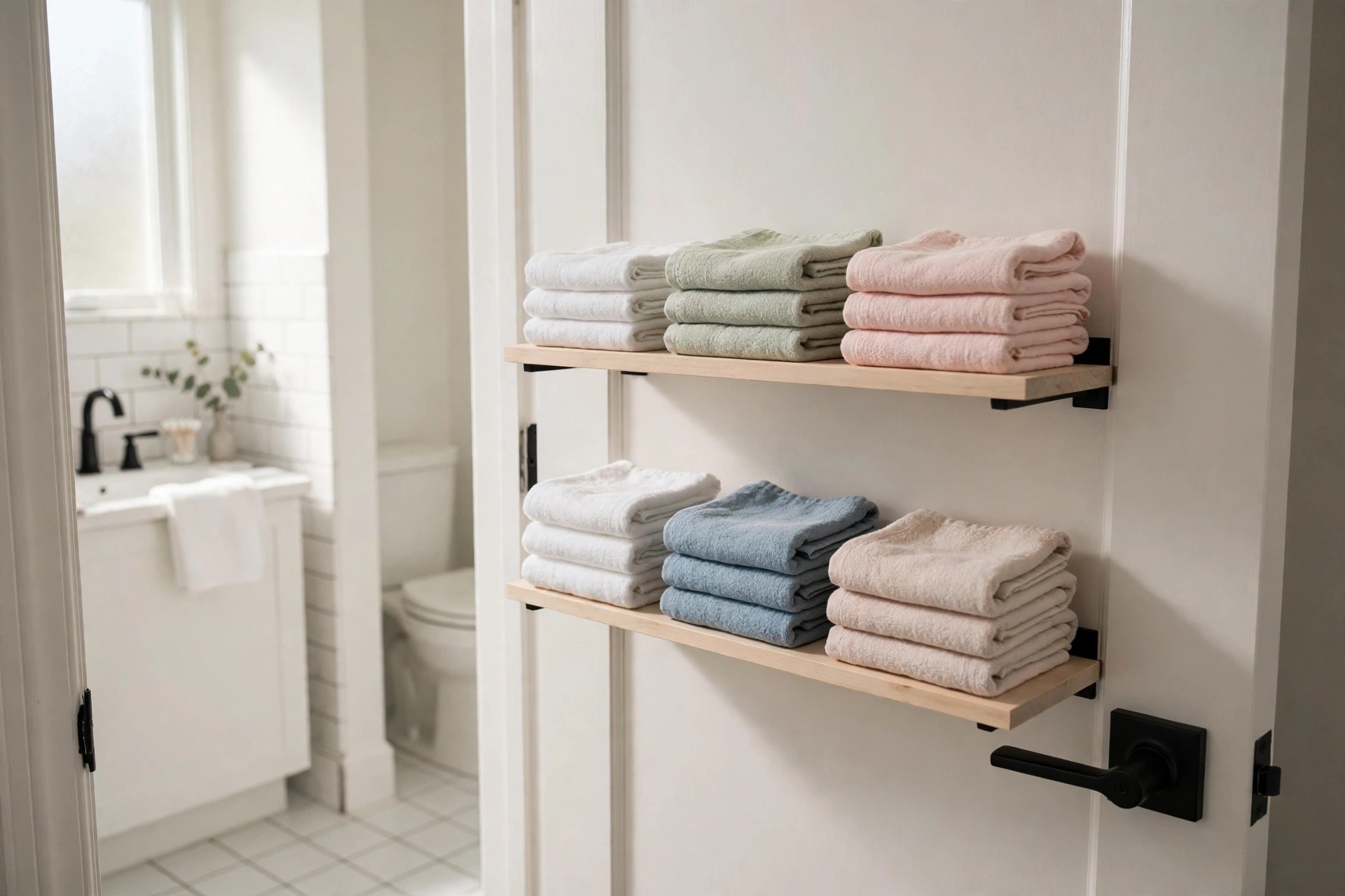 Two flat wood shelves on the back of a bathroom door holding short stacks of folded washcloths and towels in white, green, pink, blue and beige