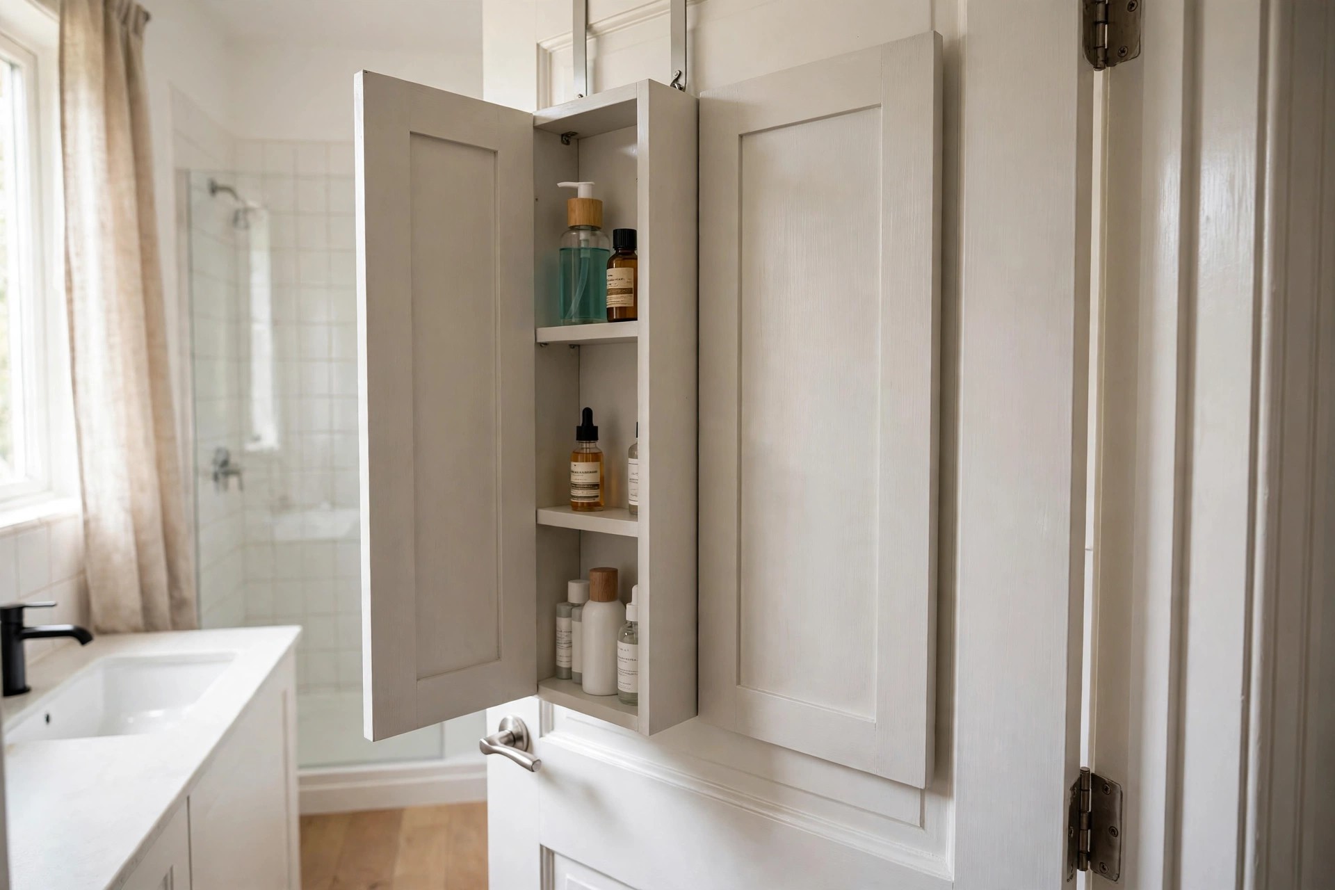 Slim cabinet unit hanging over the back of a bathroom door with one door open showing bottles on shelves and one door closed