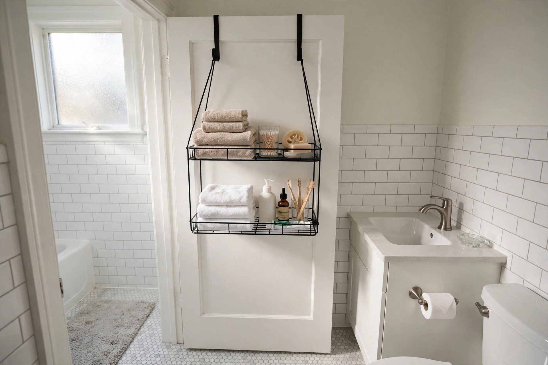 Two black wire shelves hanging from over-door hooks on the back of a white bathroom door holding folded towels, bottles and toothbrushes