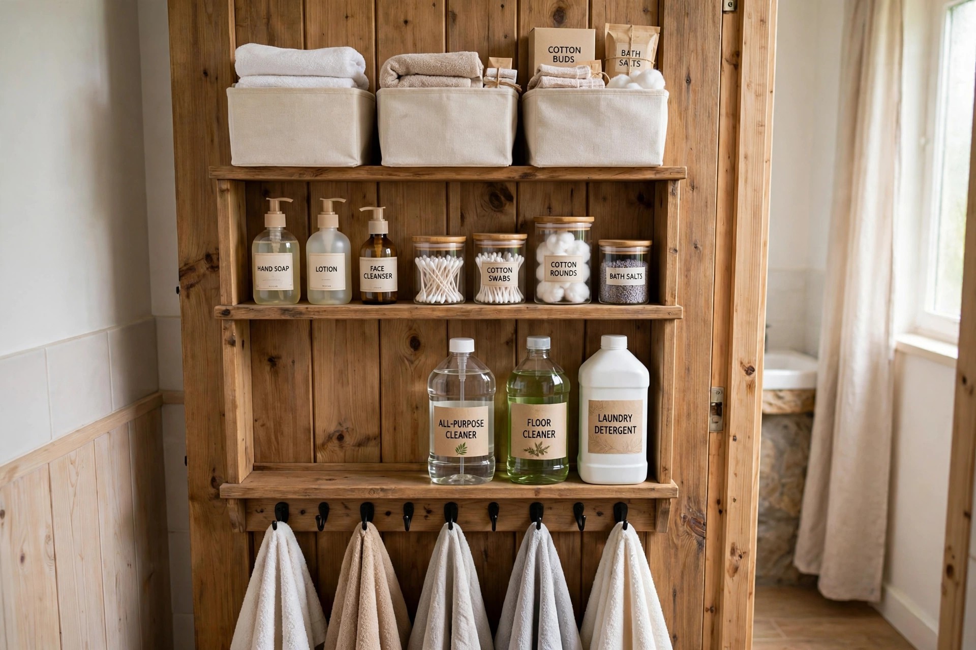 Wooden bathroom door with fabric bins of towels on the top shelf, daily bottles and jars in the middle, large cleaner bottles below and towels on hooks at the bottom