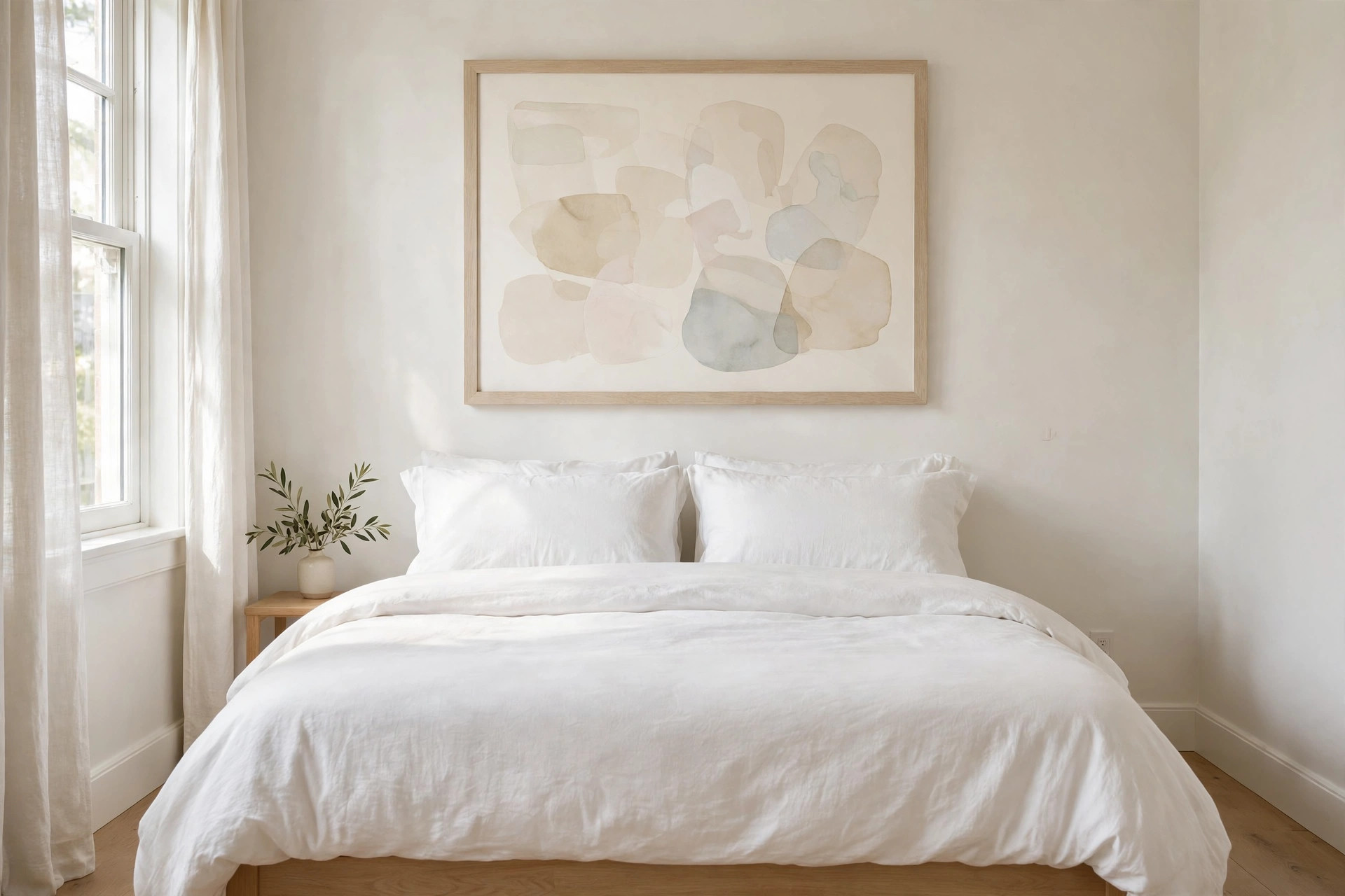 A wide light toned abstract artwork in a pale frame above a bed with white bedding and clear wall space around it