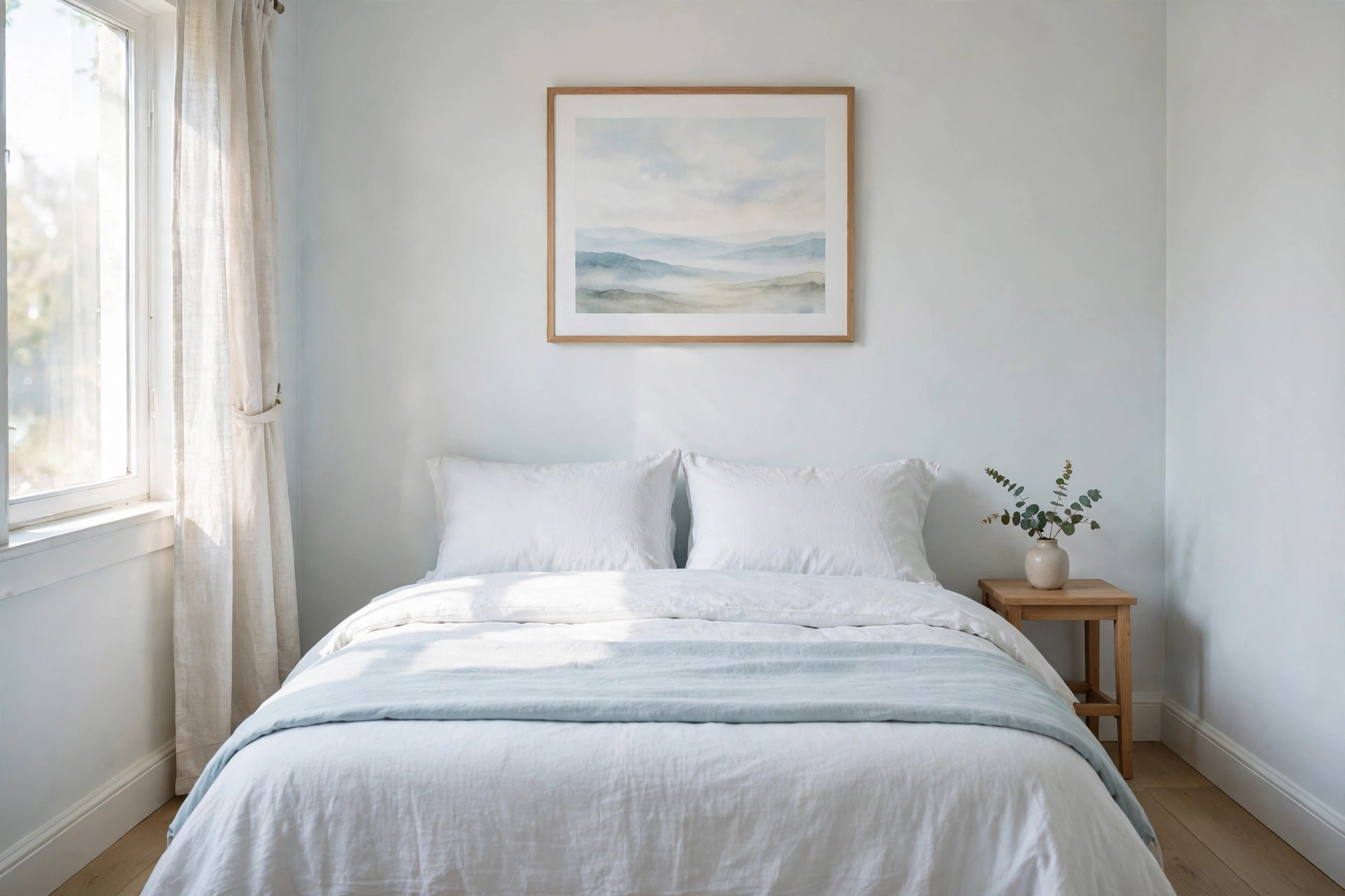 A pale misty landscape print with soft hills and sky above a bed with white bedding and a light blue throw