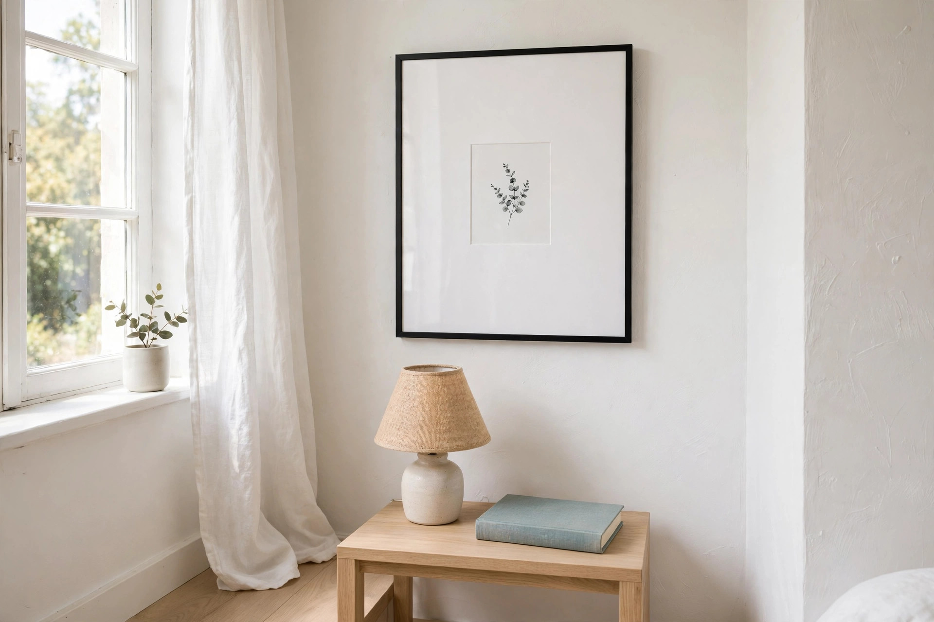 A small botanical print with a wide white mat in a large frame above a nightstand with a lamp and a book