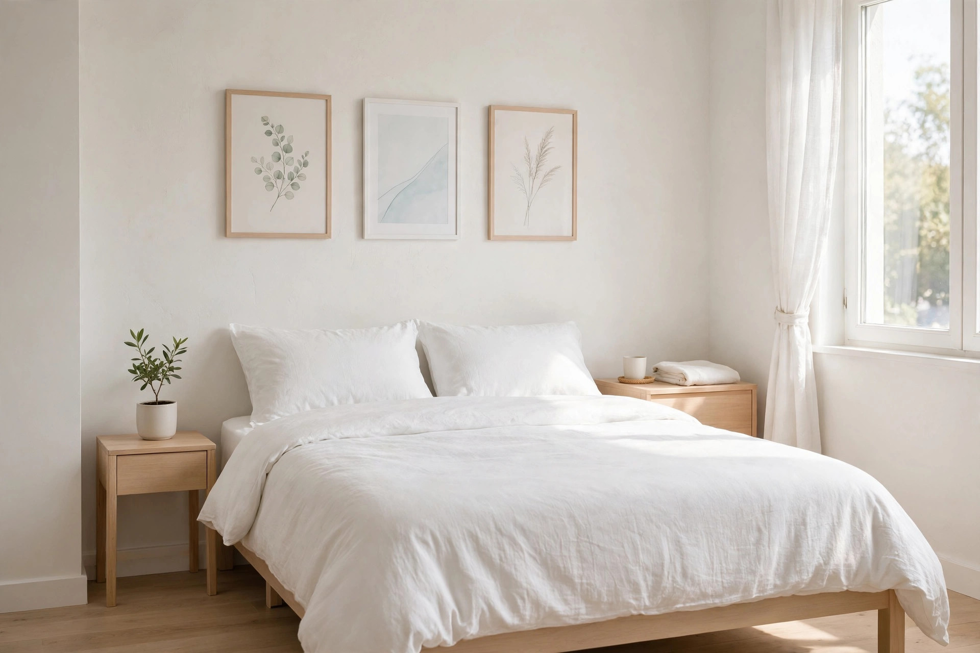 Three light prints in thin pale frames in a row above a bed with white bedding and light wood nightstands