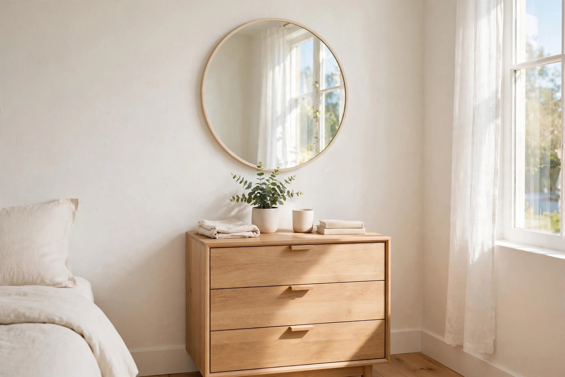 A round mirror with a thin pale frame above a light wood dresser reflecting window light in a bright bedroom