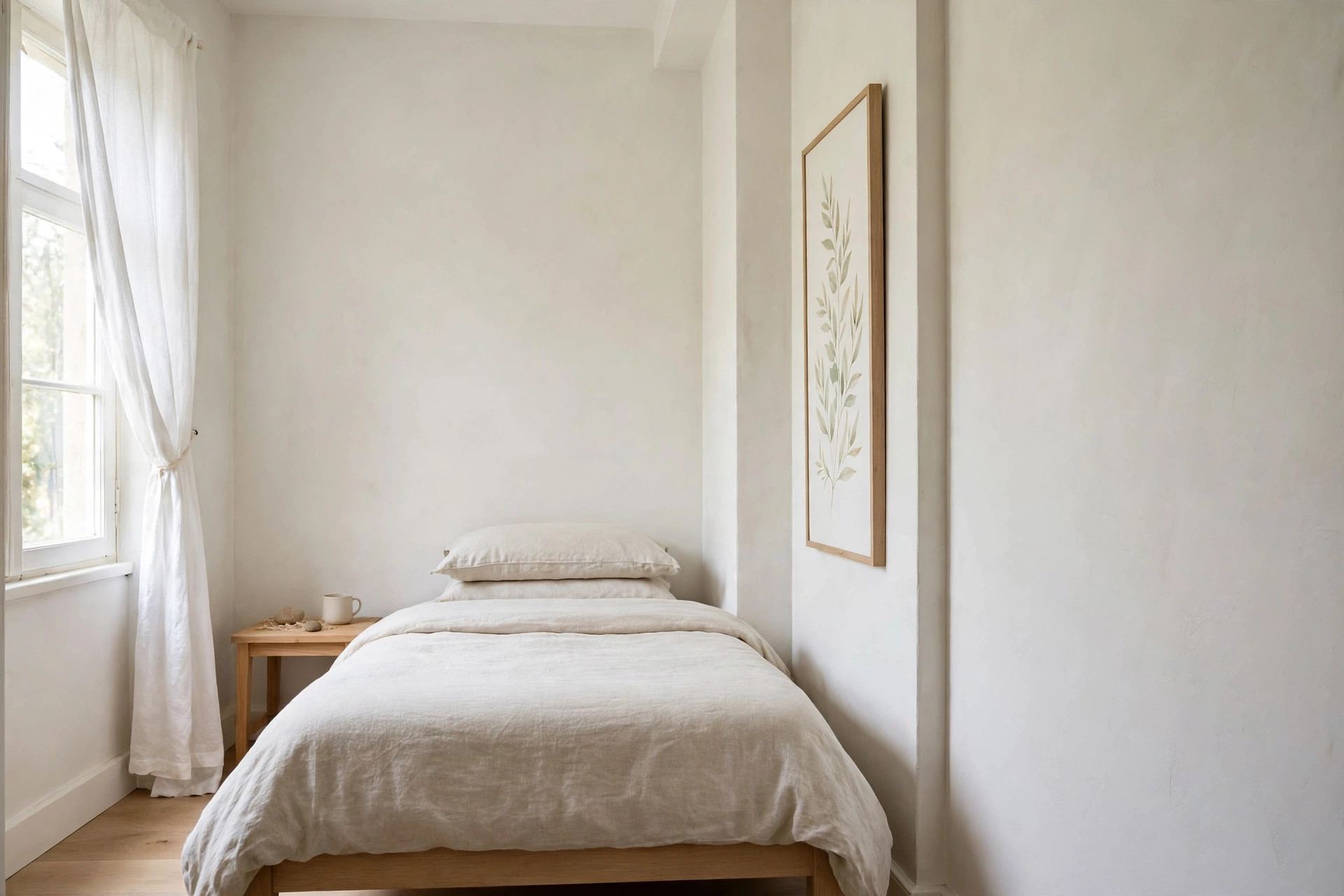 A tall narrow vertical botanical print on a side wall beside a single bed with cream bedding