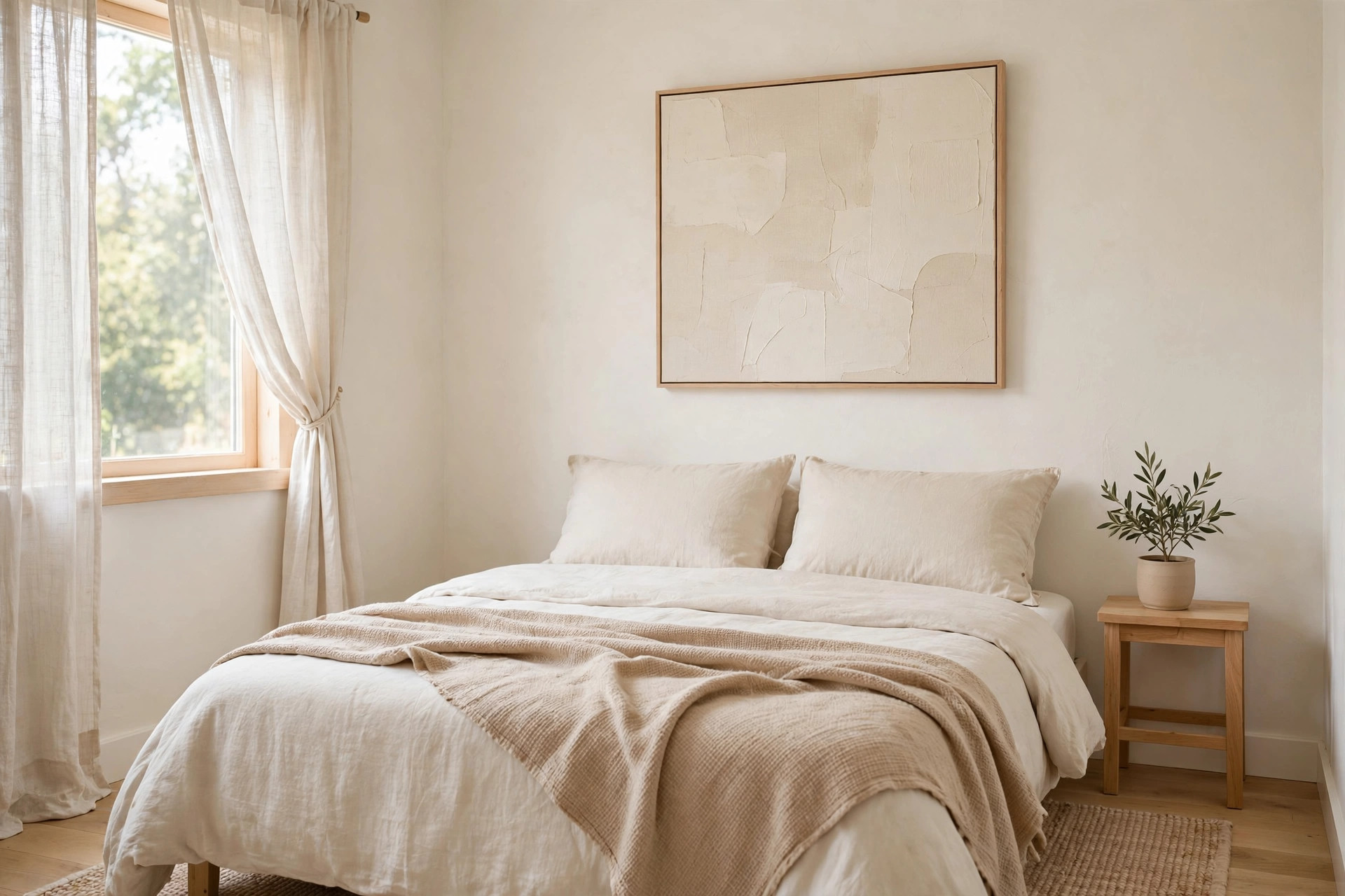 A large textured cream artwork close to the wall color above a bed with beige bedding and a woven throw