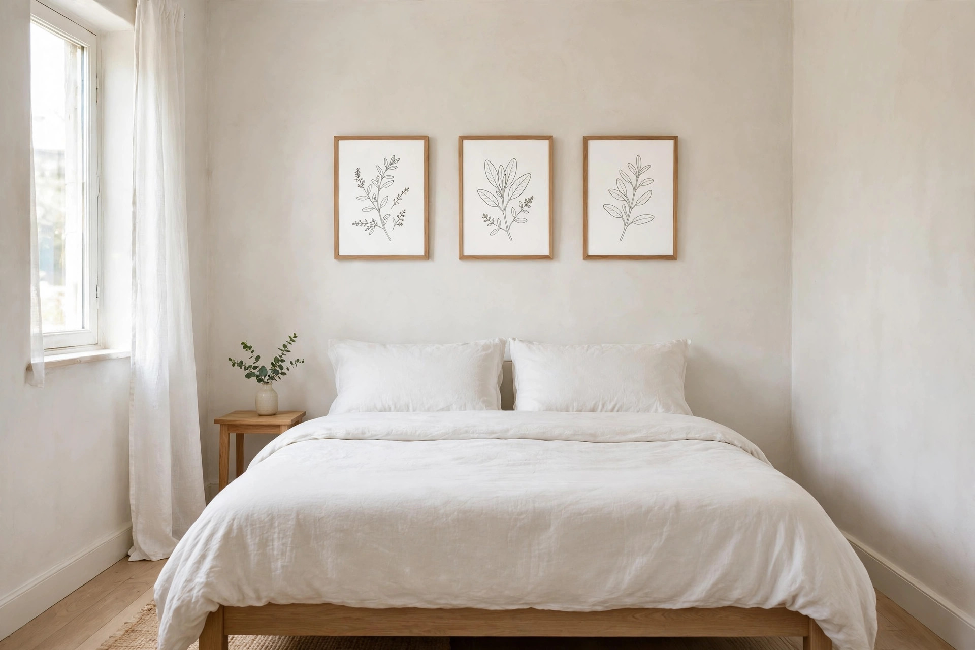 Three airy botanical line prints with white space in slim frames in a neat row above a bed