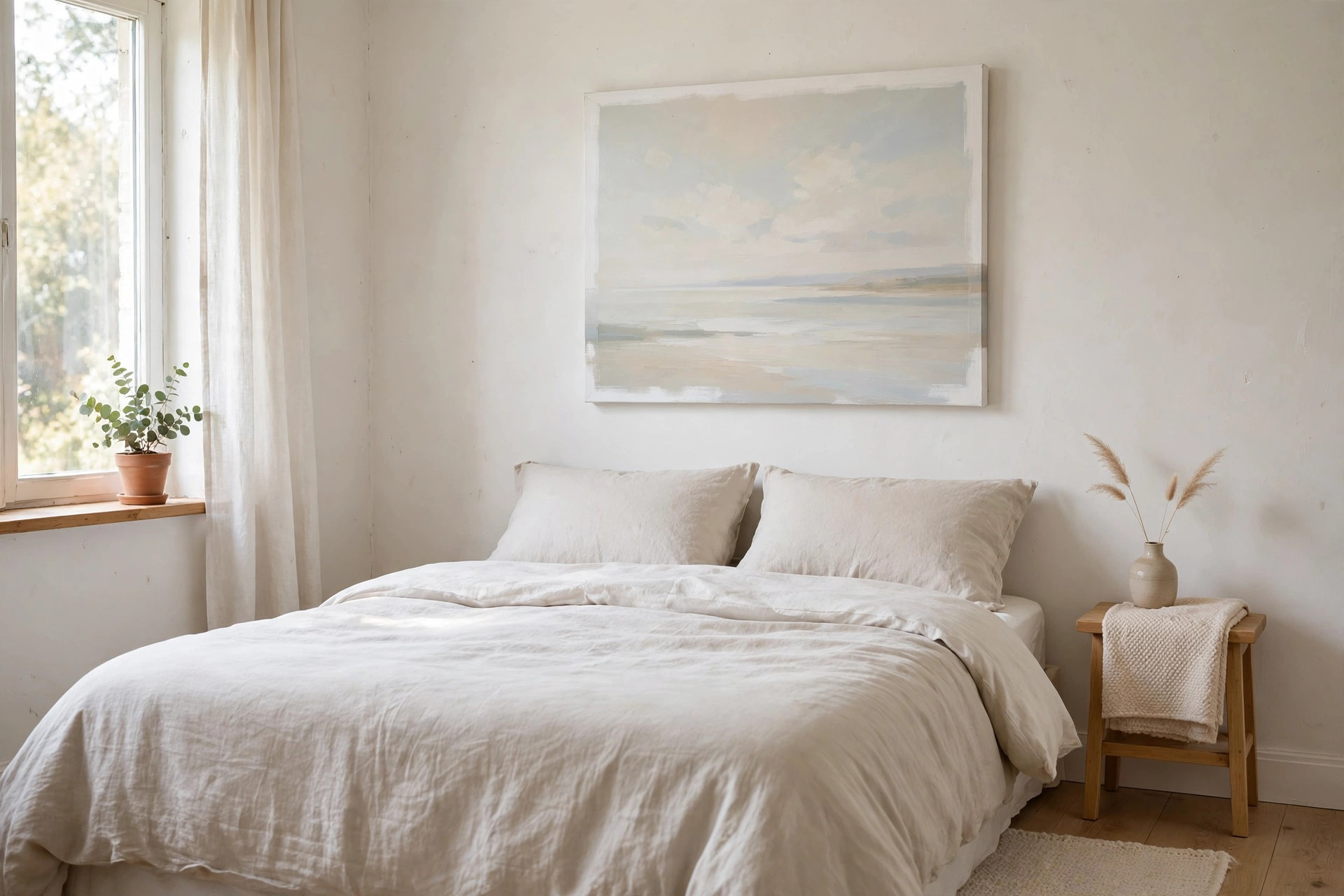 An unframed pale seascape canvas with light edges hanging above a bed with cream bedding