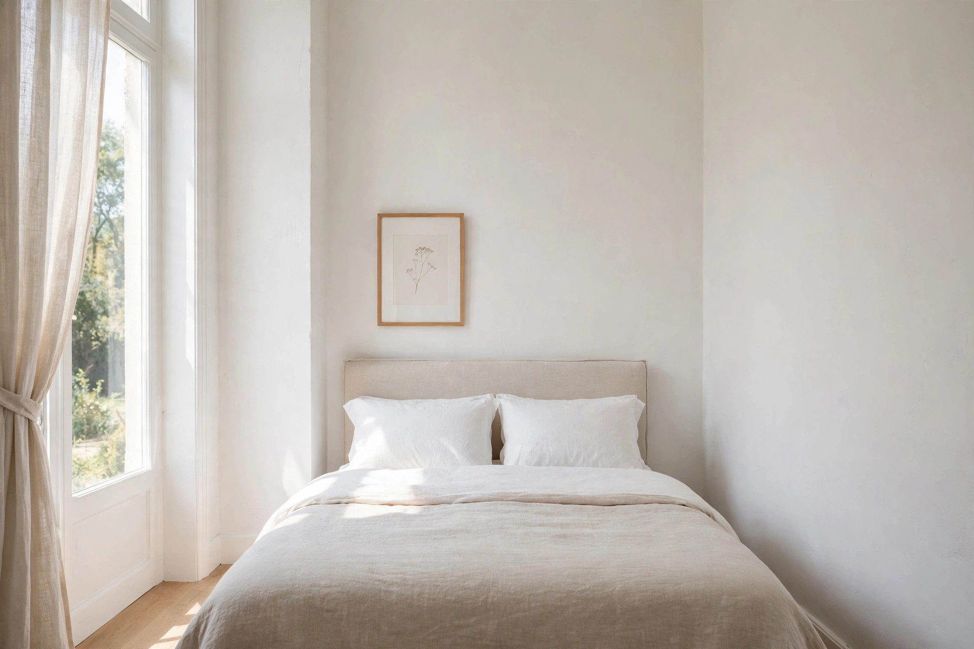 A small framed line print hung above a headboard with a large area of clear white wall around it