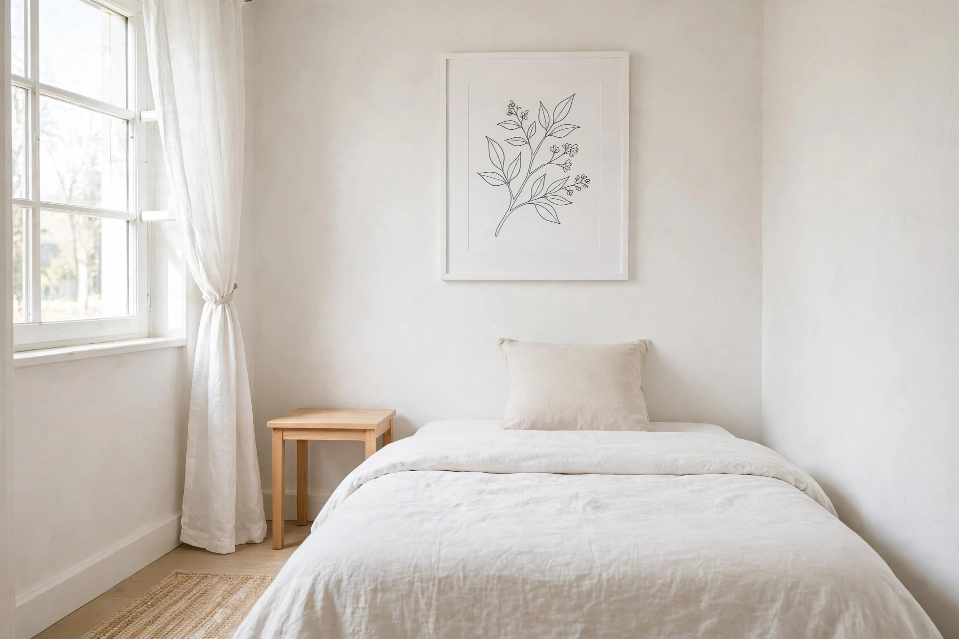A large single color branch line drawing in a white frame above a single bed with white bedding