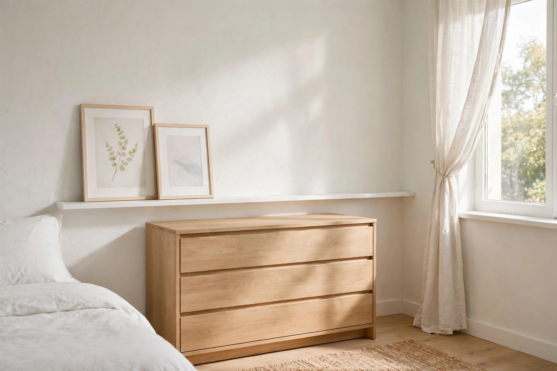 A narrow white picture ledge above a dresser with two pale framed prints and empty ledge space at one end