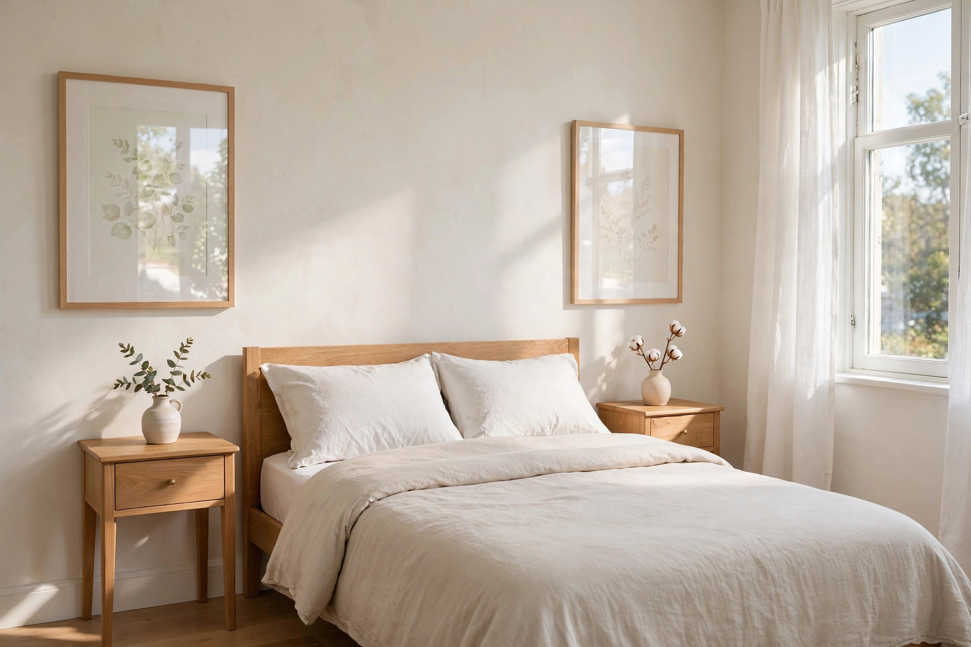 Two glass front pale prints reflecting window light on a wall above nightstands beside a bed