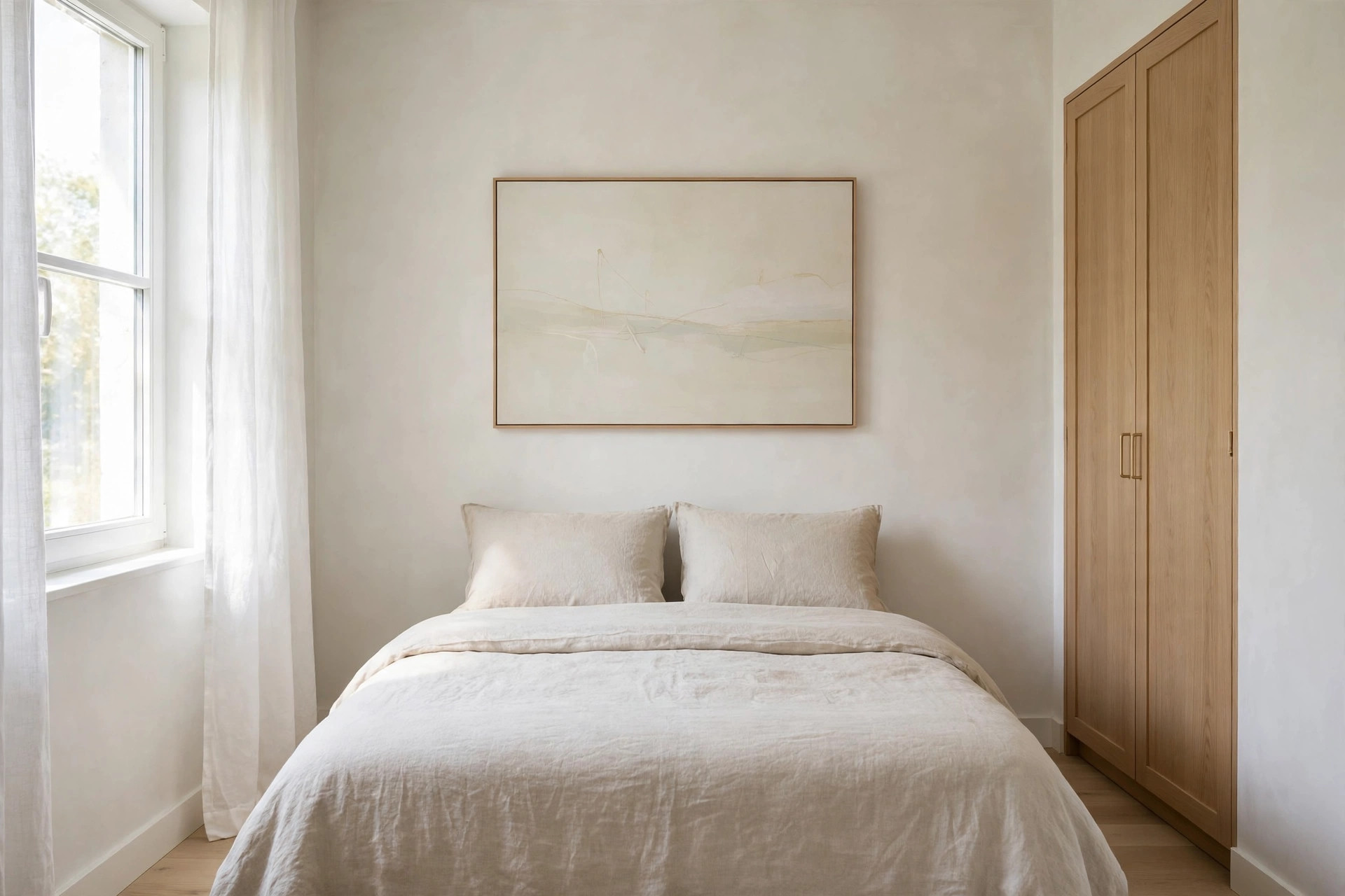 A wide pale artwork above a bed with all other walls bare and a light wood wardrobe on the side wall
