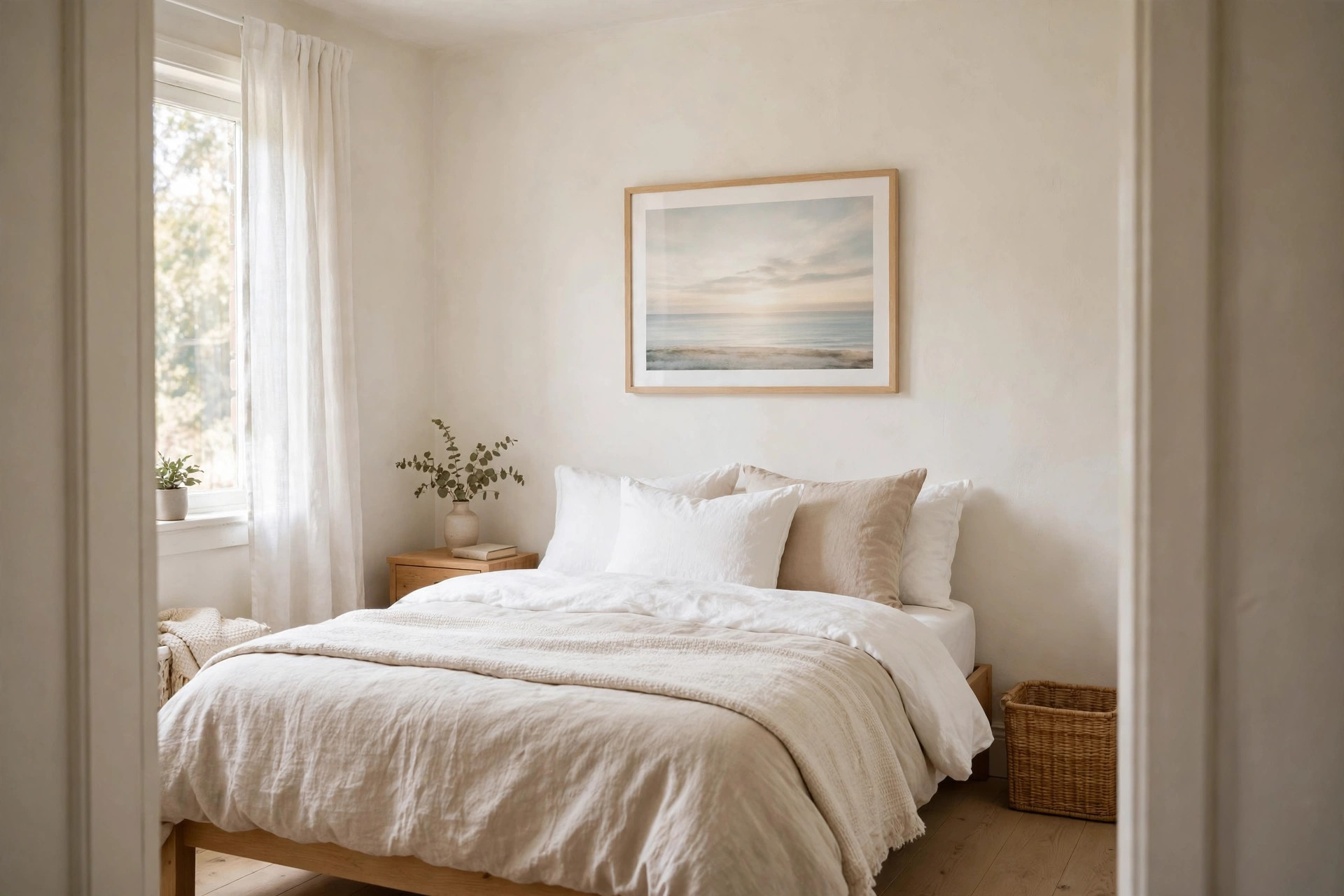 A wide soft horizon print of sky and sea above a bed, seen from the bedroom doorway