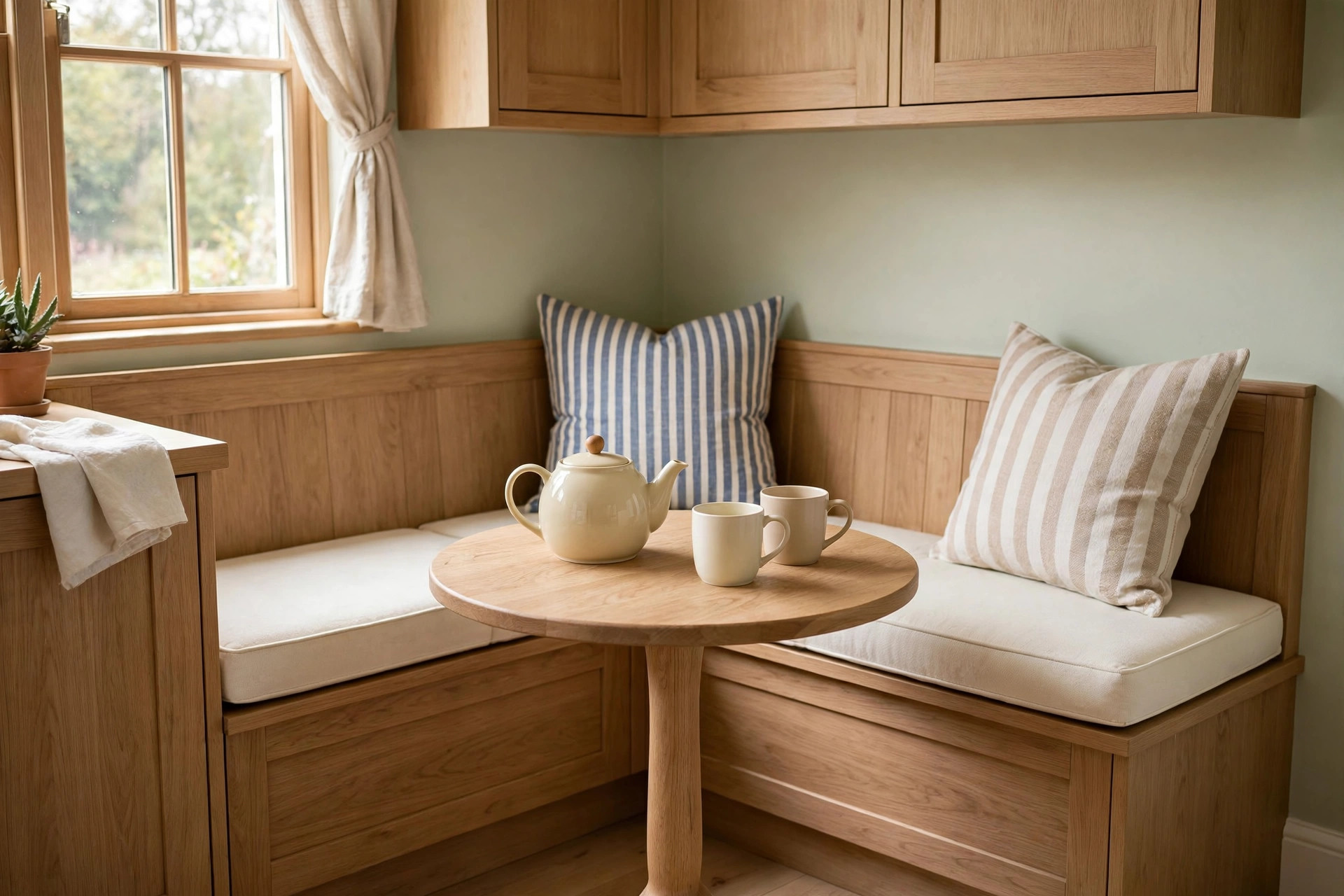 Wooden L-shaped corner bench with cream seat cushions and blue and beige striped pillows, round oak table with a teapot and two mugs, under oak wall cabinets