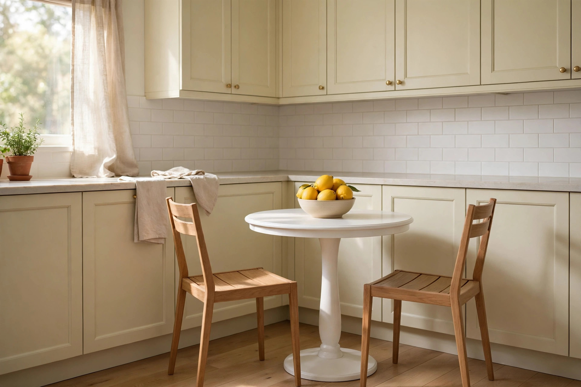 Small round white pedestal table with a bowl of lemons and two wooden chairs, set in front of cream kitchen cabinets under a corner window